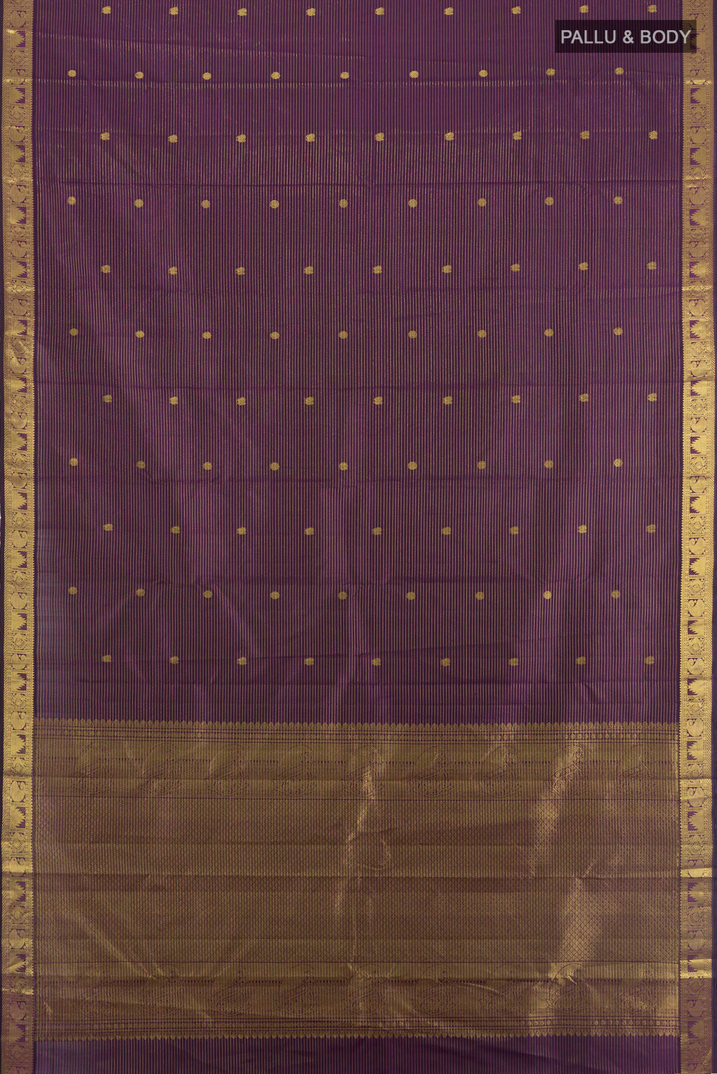 Flat view of Pure Silk Purple Kanjivaram Saree with Zari Butta on the body and Zari Border. 