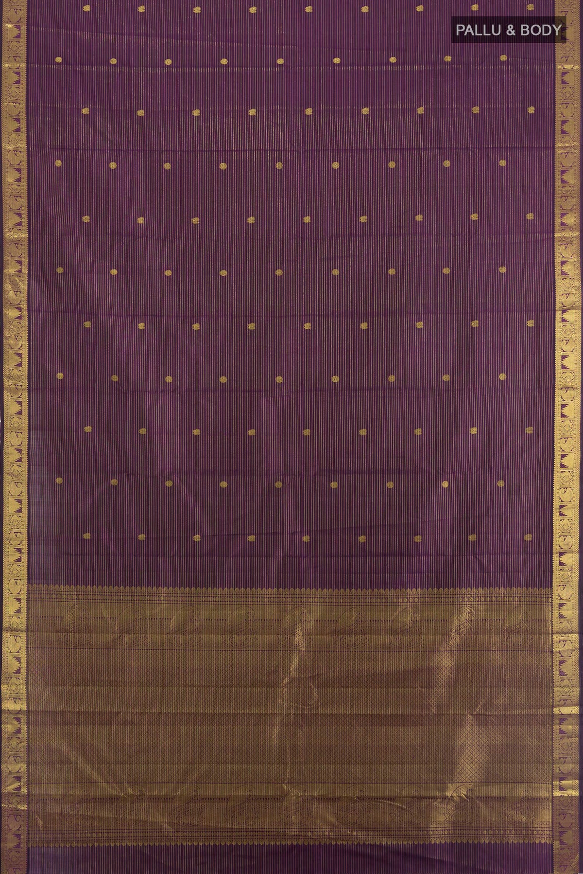 Flat view of Pure Silk Purple Kanjivaram Saree with Zari Butta on the body and Zari Border. 