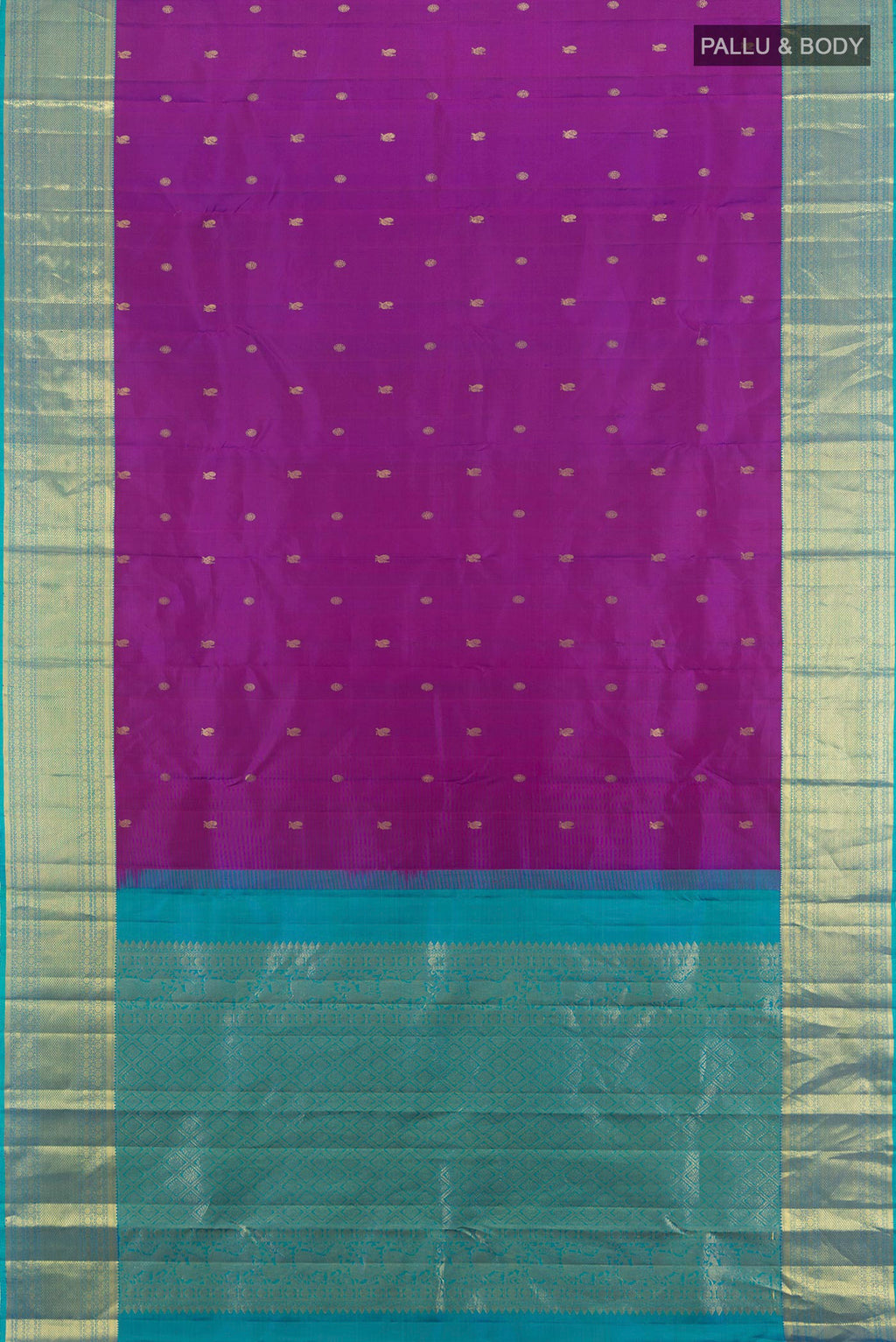 Flat view of Pure Silk Purple Kanchipuram Saree with Zari Butta on the body and Zari Border. 