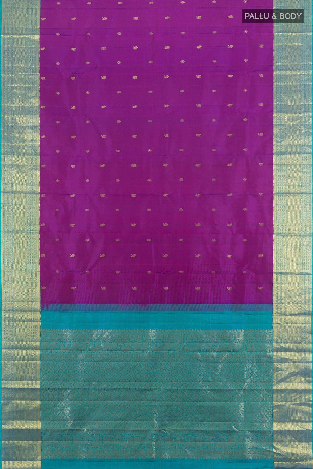 Flat view of Pure Silk Purple Kanchipuram Saree with Zari Butta on the body and Zari Border. 