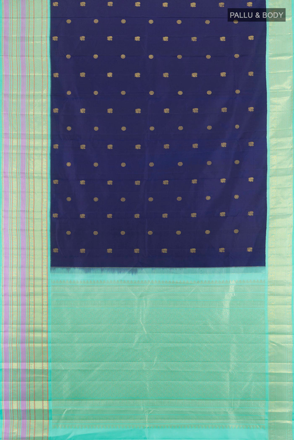 Flat view of Pure Silk Navy Blue Kanjivaram Saree with Zari Butta on the body and Zari Border. 