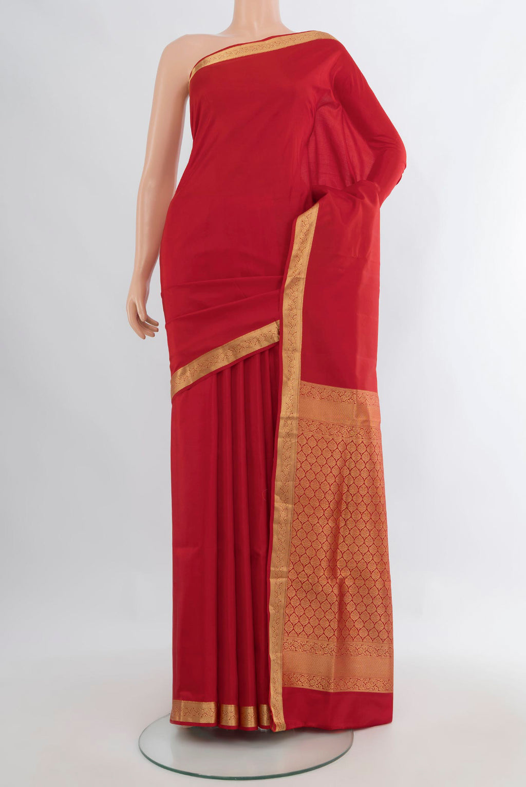 Pure Silk Red Soft Saree with Zari Butta on the body and Zari Border.  displayed on a mannequin