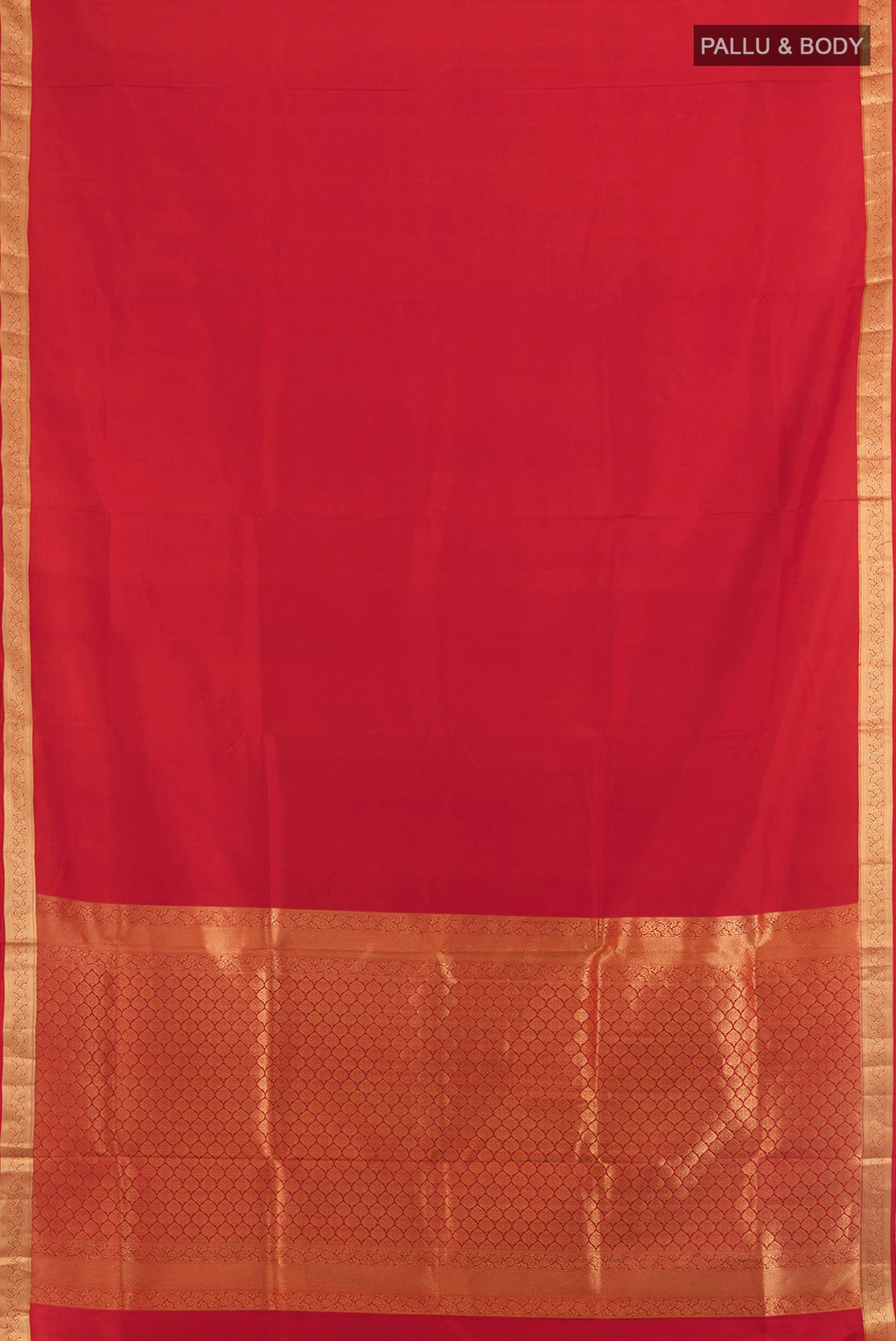 Flat view of Pure Silk Red Soft Saree with Zari Butta on the body and Zari Border. 