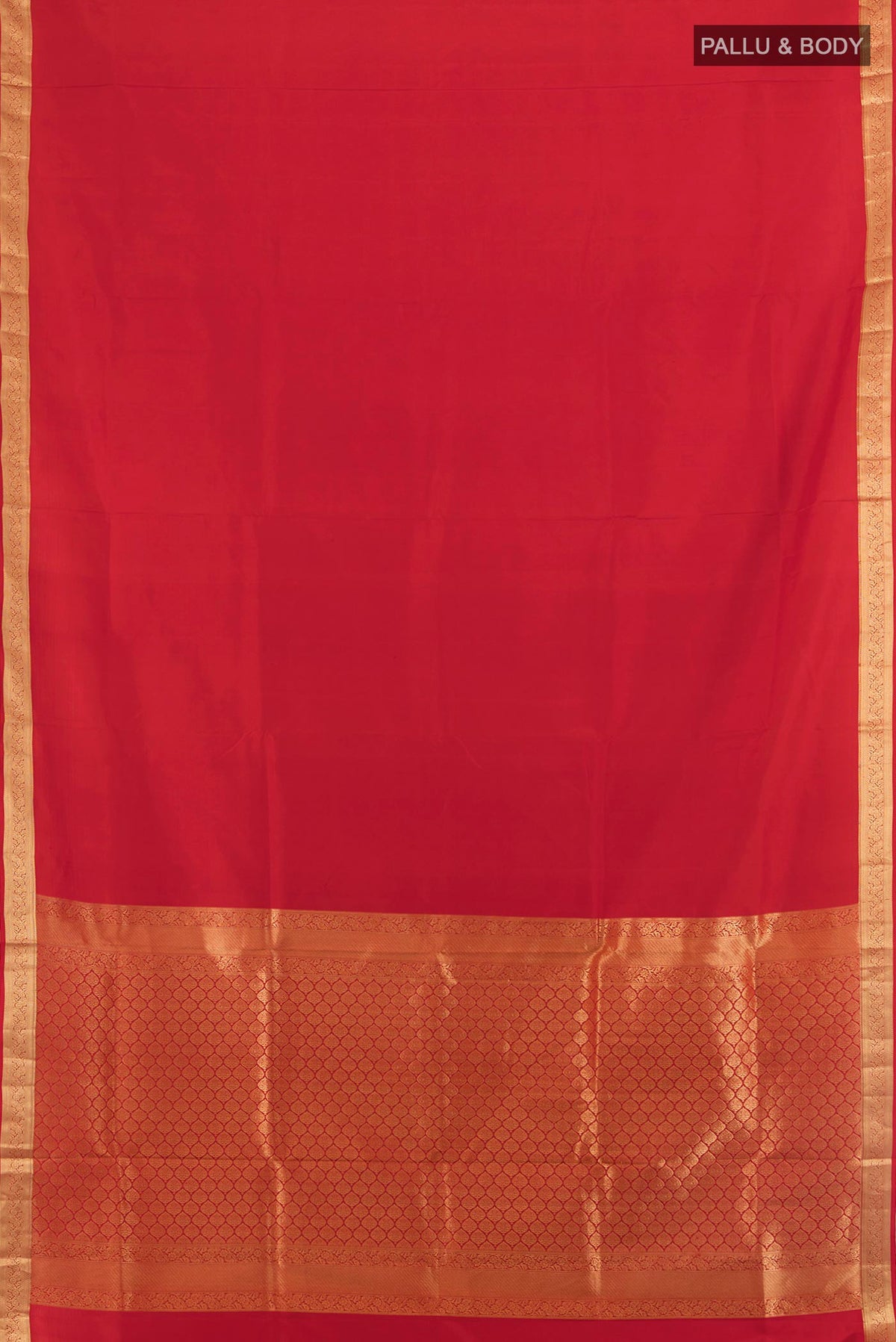 Flat view of Pure Silk Red Soft Saree with Zari Butta on the body and Zari Border. 