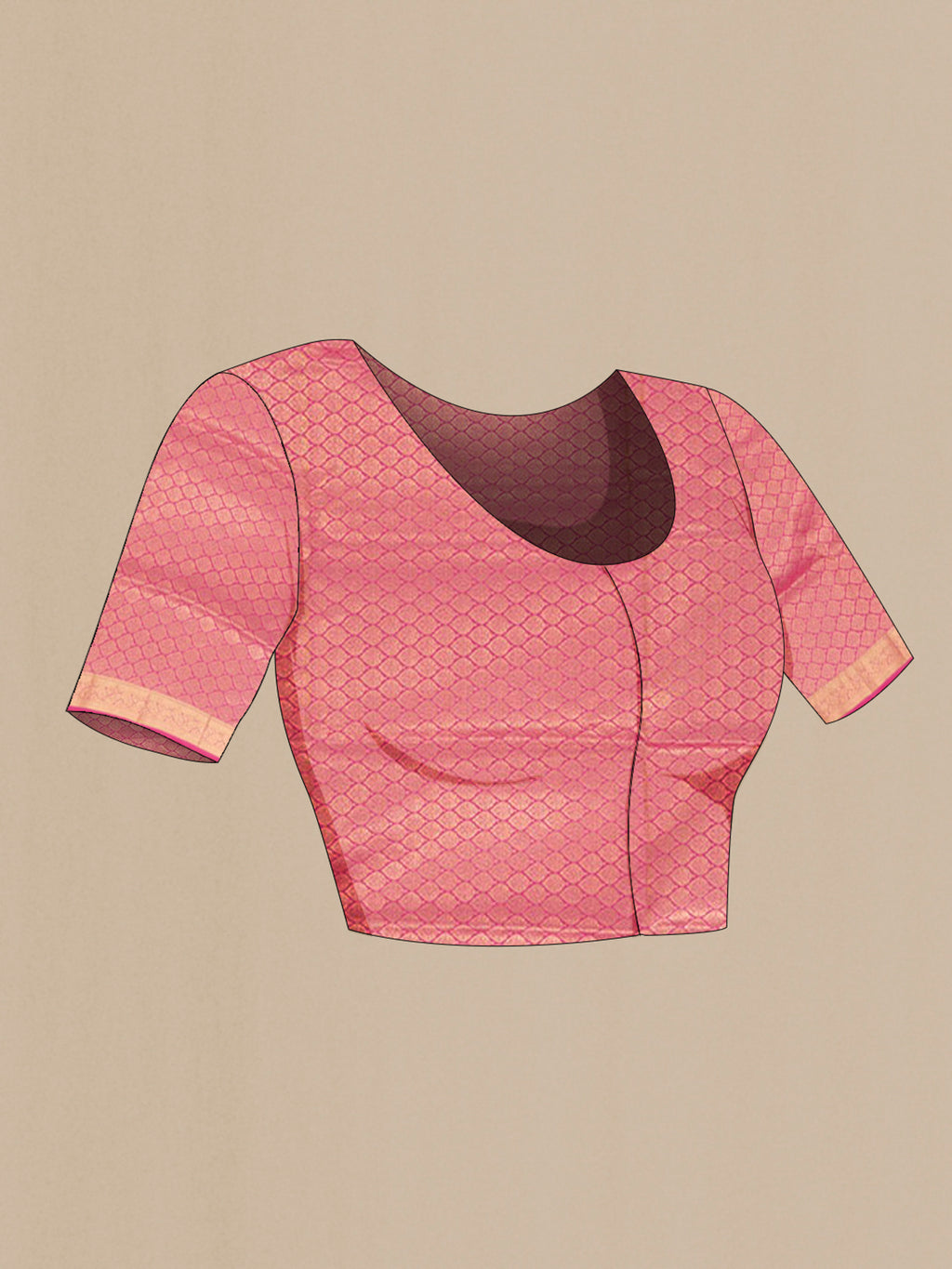 Close up image of the blouse of Pure Silk Rose pink Soft Saree with Zari Butta on the body and Silk Border. 