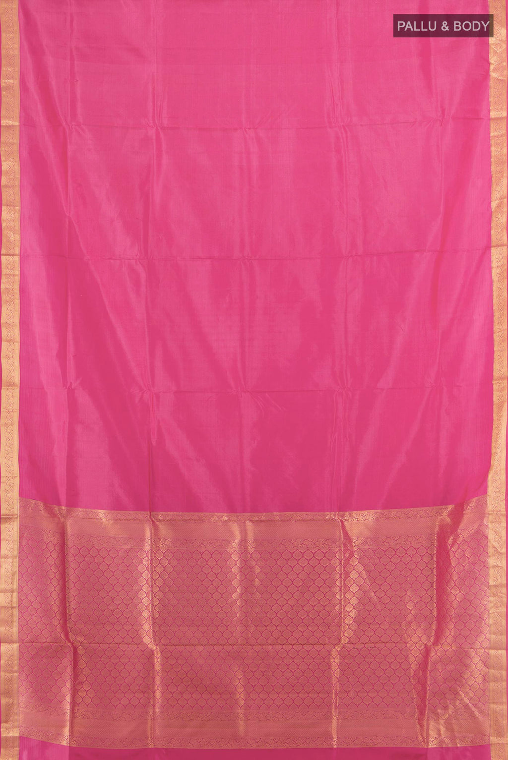 Flat view of Pure Silk Rose pink Soft Saree with Zari Butta on the body and Silk Border. 