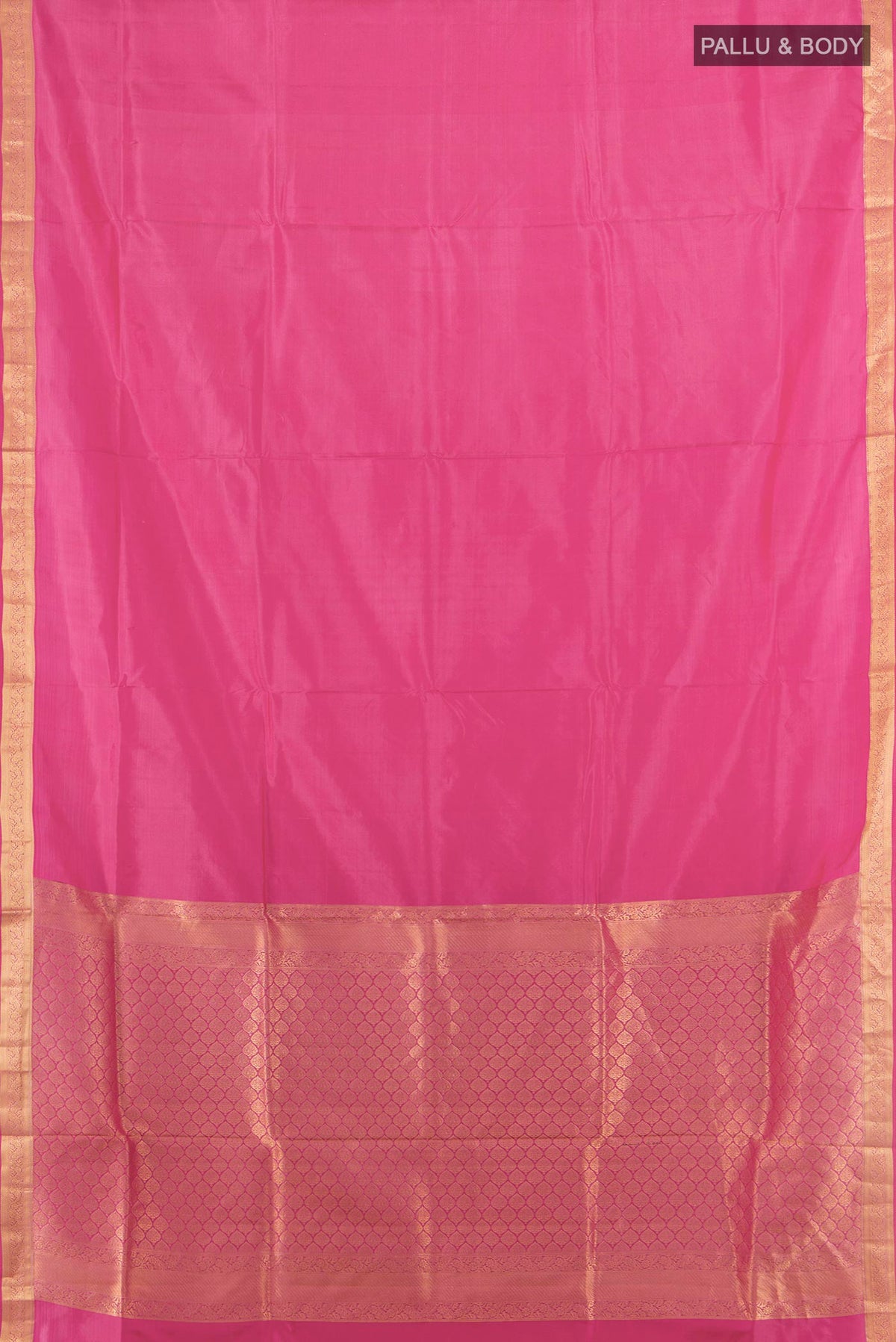 Flat view of Pure Silk Rose pink Soft Saree with Zari Butta on the body and Silk Border. 
