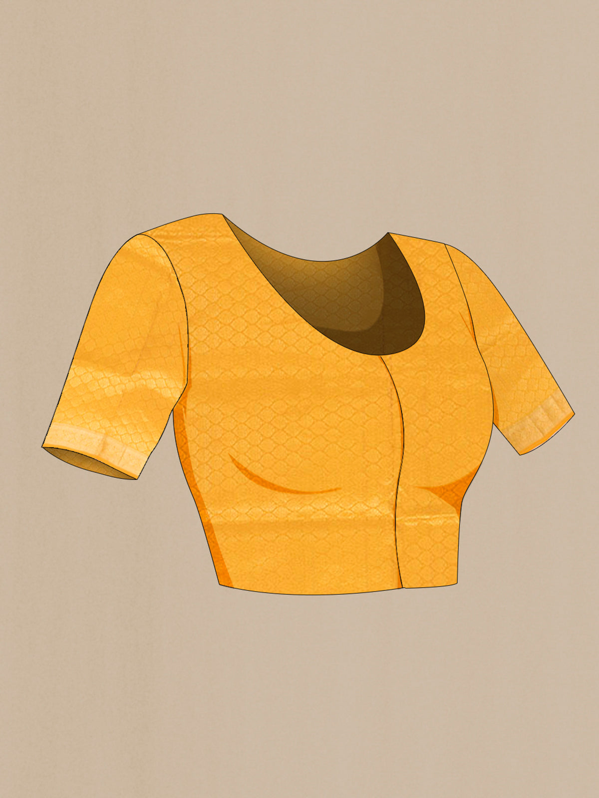 Close up image of the blouse of Pure Silk Yellow Soft Saree with Plain Body and Zari Border. 