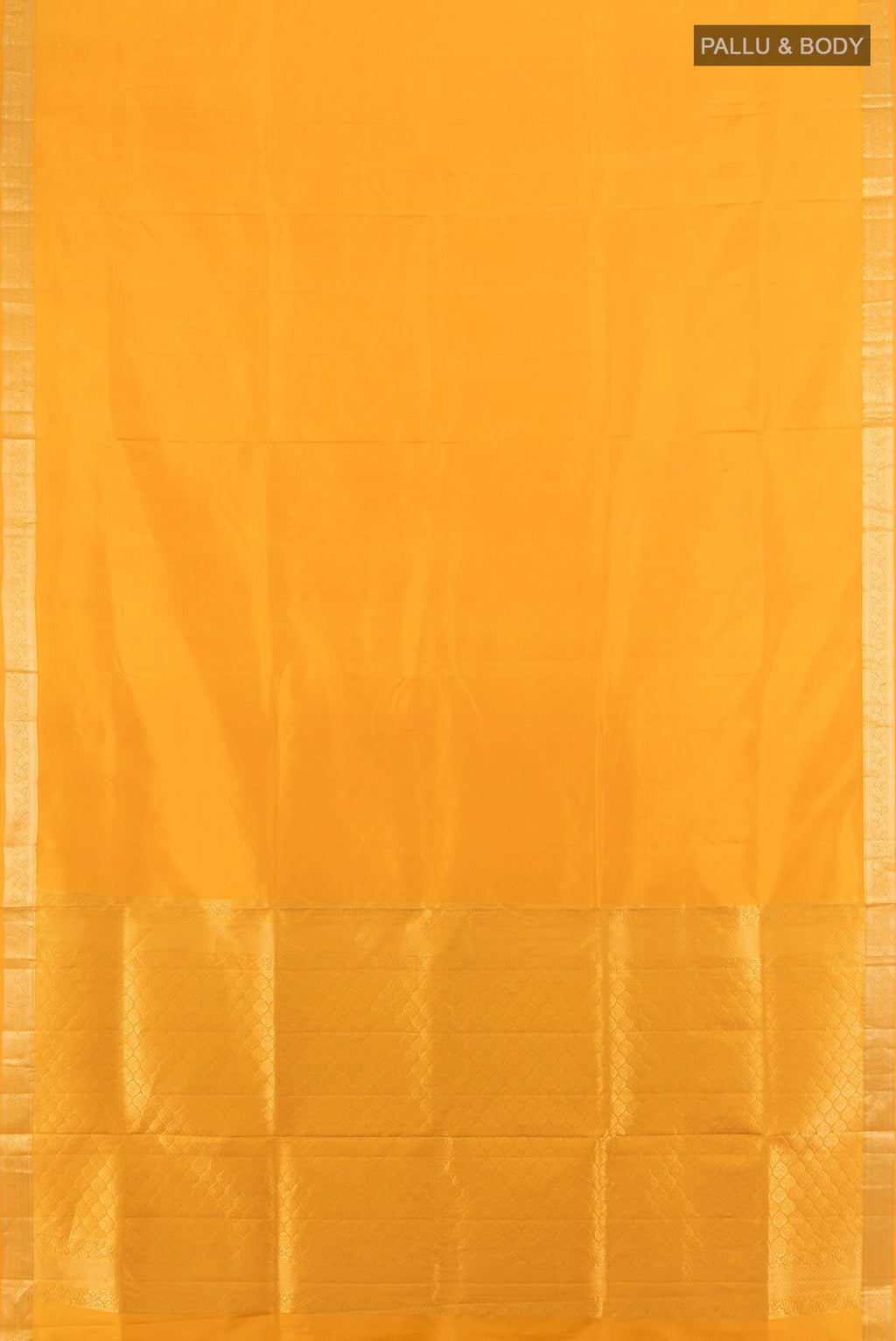 Flat view of Pure Silk Yellow Soft Saree with Plain Body and Zari Border. 
