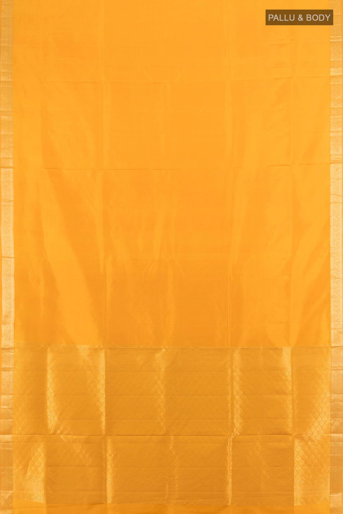 Flat view of Pure Silk Yellow Soft Saree with Plain Body and Zari Border. 