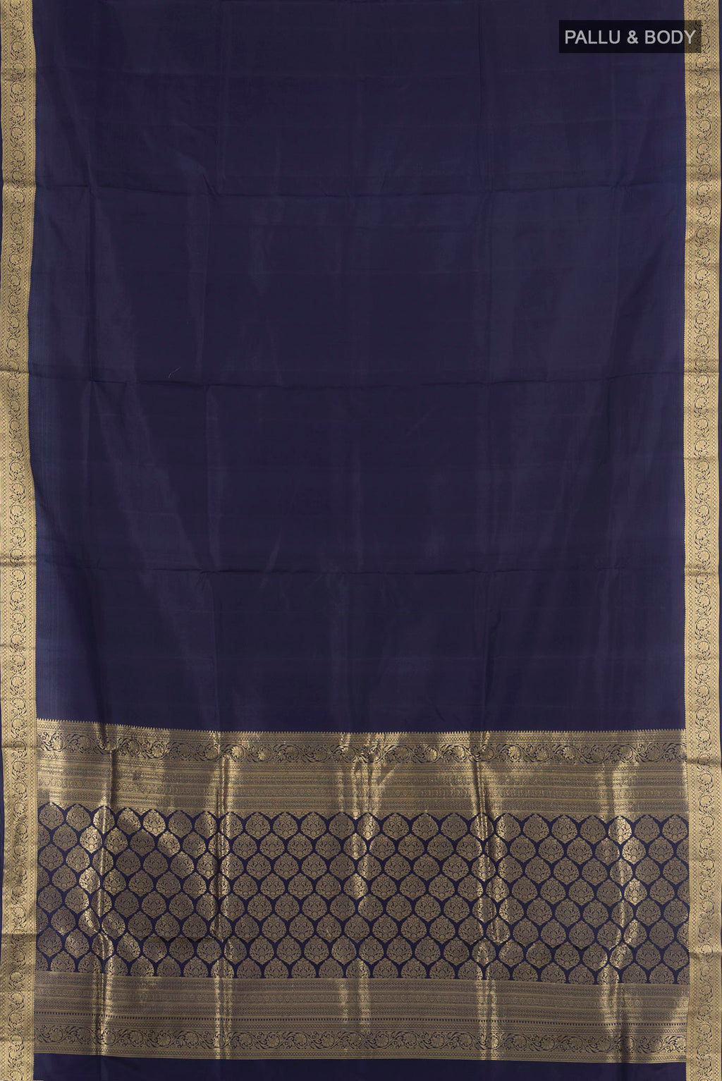 Flat view of Pure Silk Navy Blue Soft Saree with Plain Body and Zari Border. 