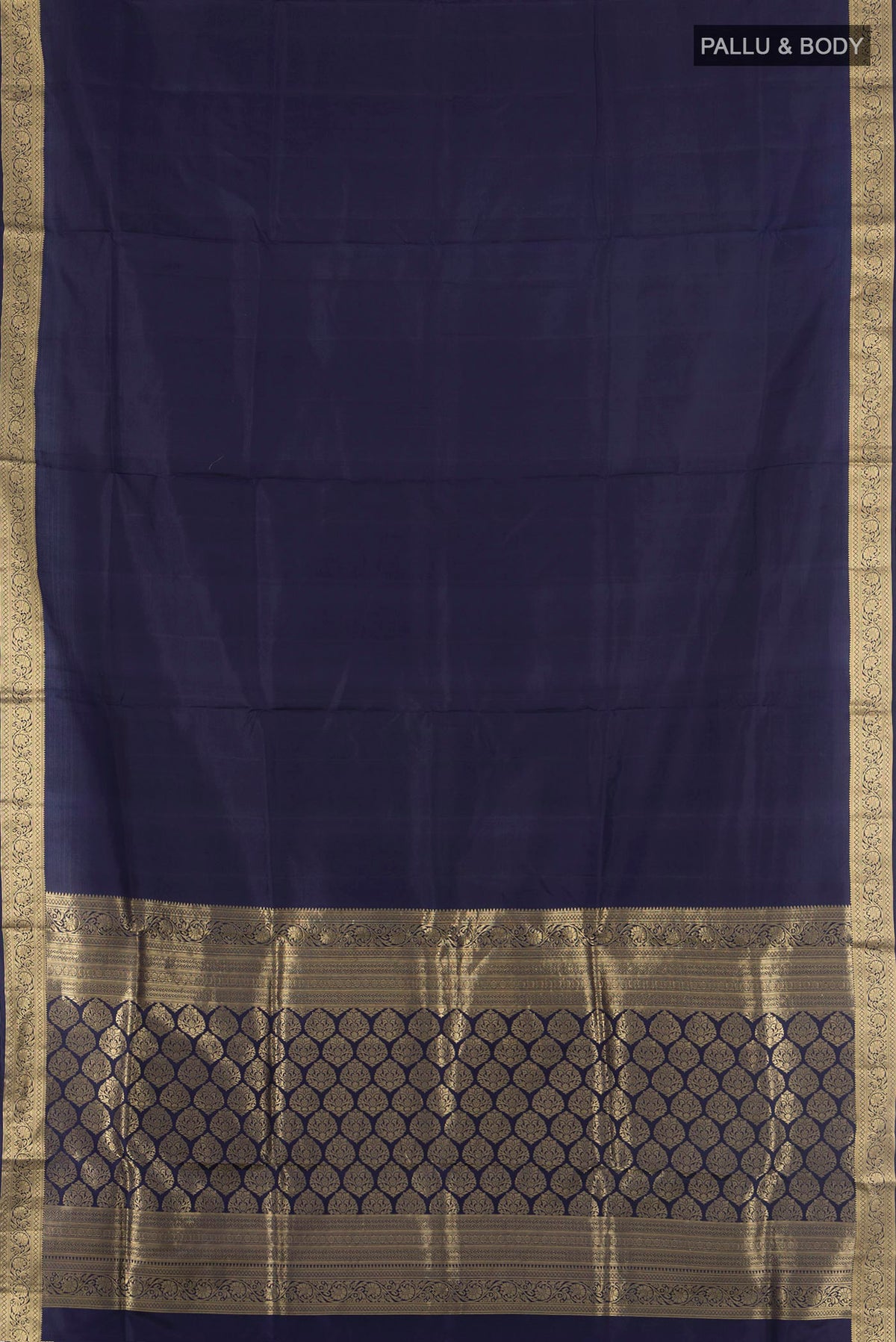 Flat view of Pure Silk Navy Blue Soft Saree with Plain Body and Zari Border. 