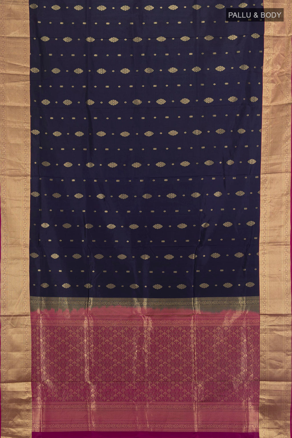 Flat view of Pure Silk Navy Blue Soft Saree with Zari Butta on the body and Zari Border. 