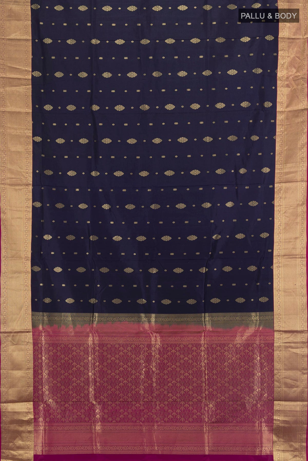 Flat view of Pure Silk Navy Blue Soft Saree with Zari Butta on the body and Zari Border. 
