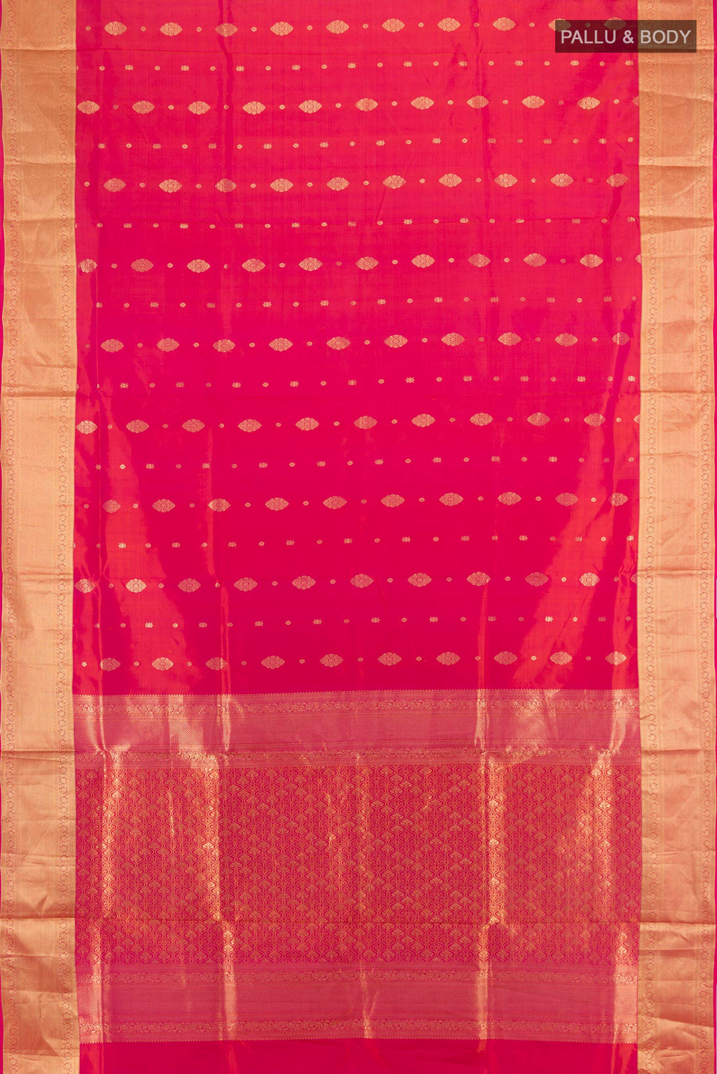 Flat view of Pure Silk Orange Soft Saree with Zari Butta on the body and Zari Border. 