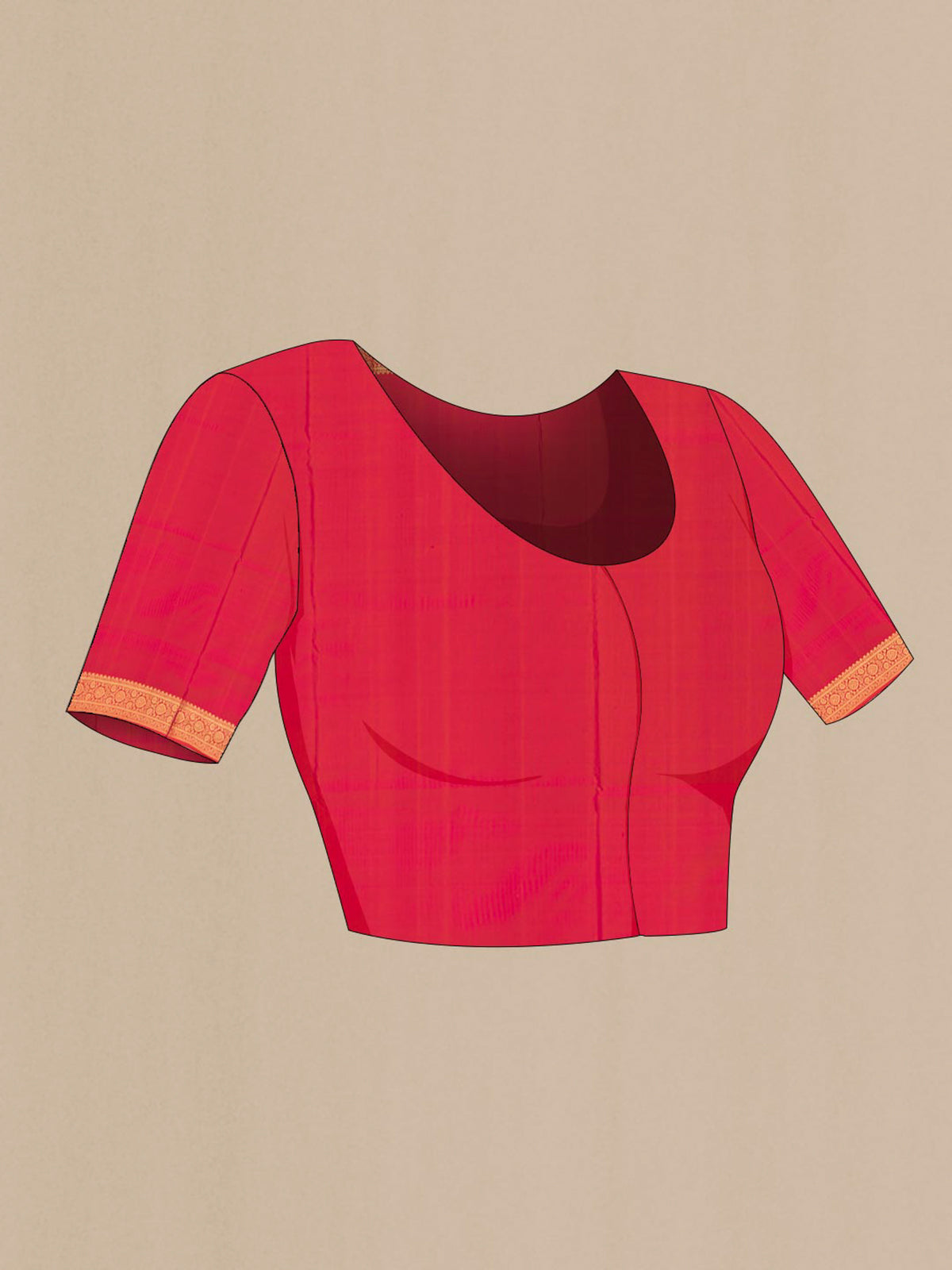 Close up image of the blouse of Pure Silk Brick Orange Dual Tone Soft Saree with Zari Butta on the body and Zari Border. 