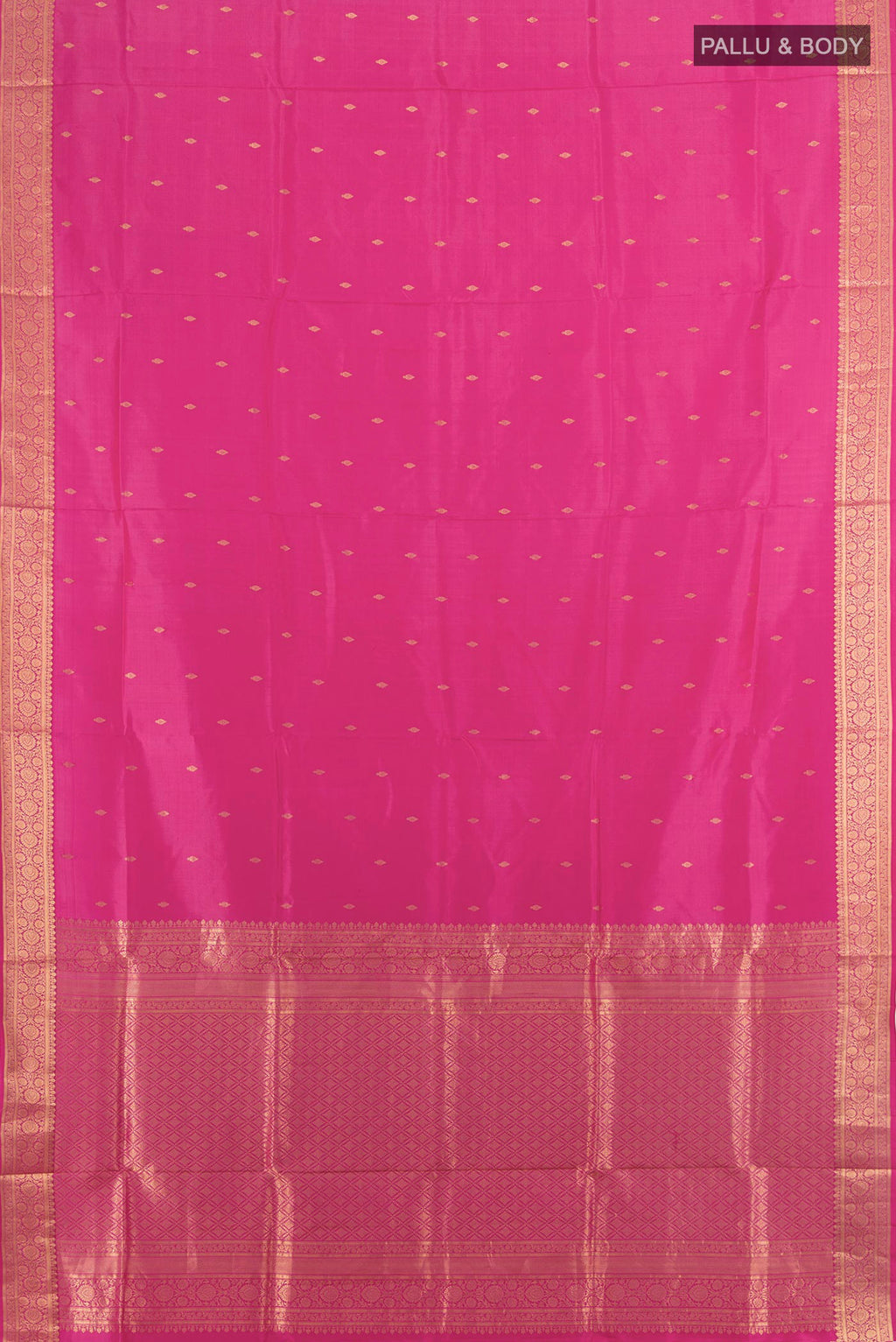 Flat view of Pure Silk Rose pink Soft Saree with Zari Butta on the body and Silk Border. 