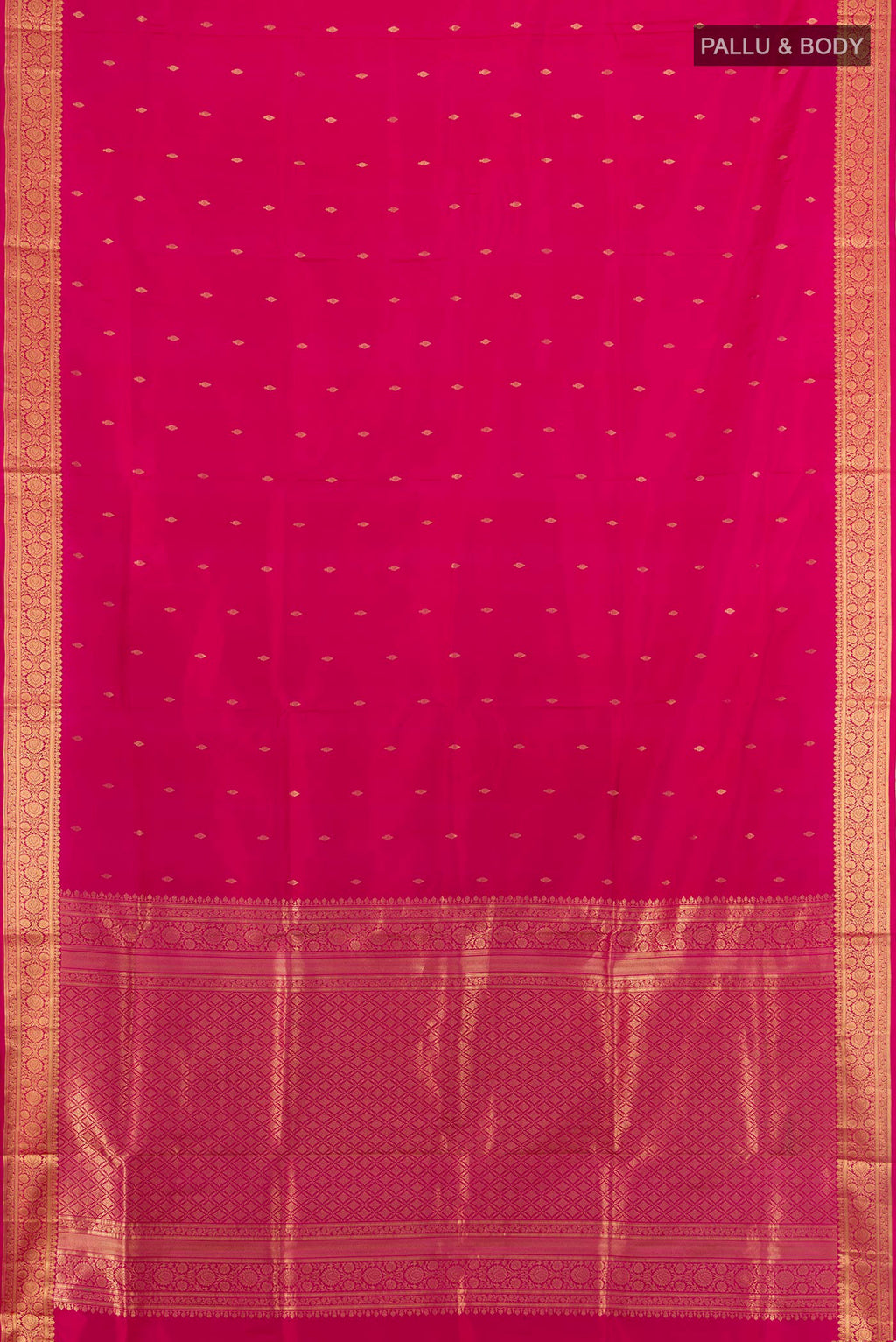 Flat view of Pure Silk Dark Pink Soft Saree with Zari Butta on the body and Zari Border. 
