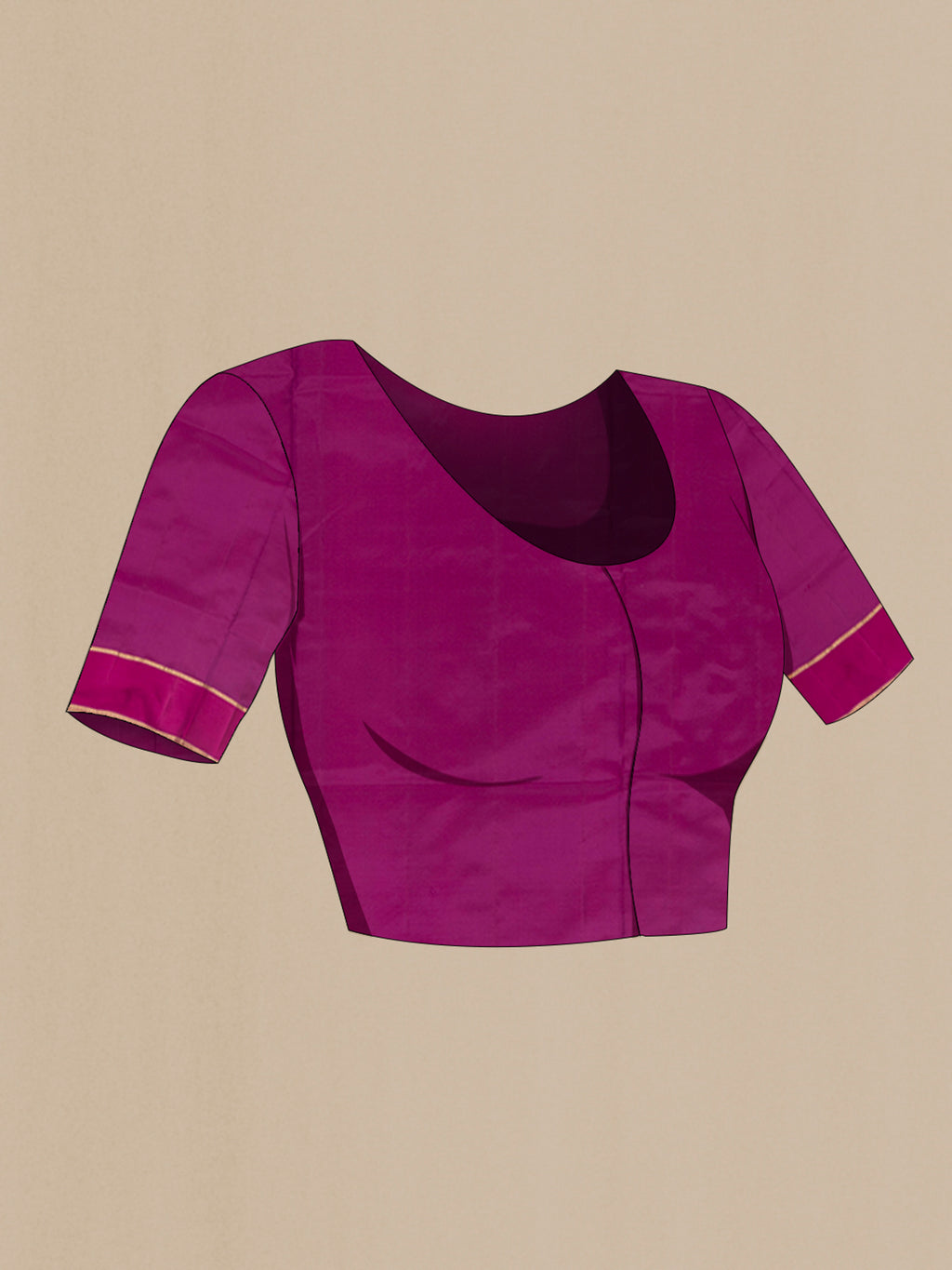 Close up image of the blouse of Pure Silk Magenta Kanchipuram Saree with Zari Butta on the body and Plain Border. 