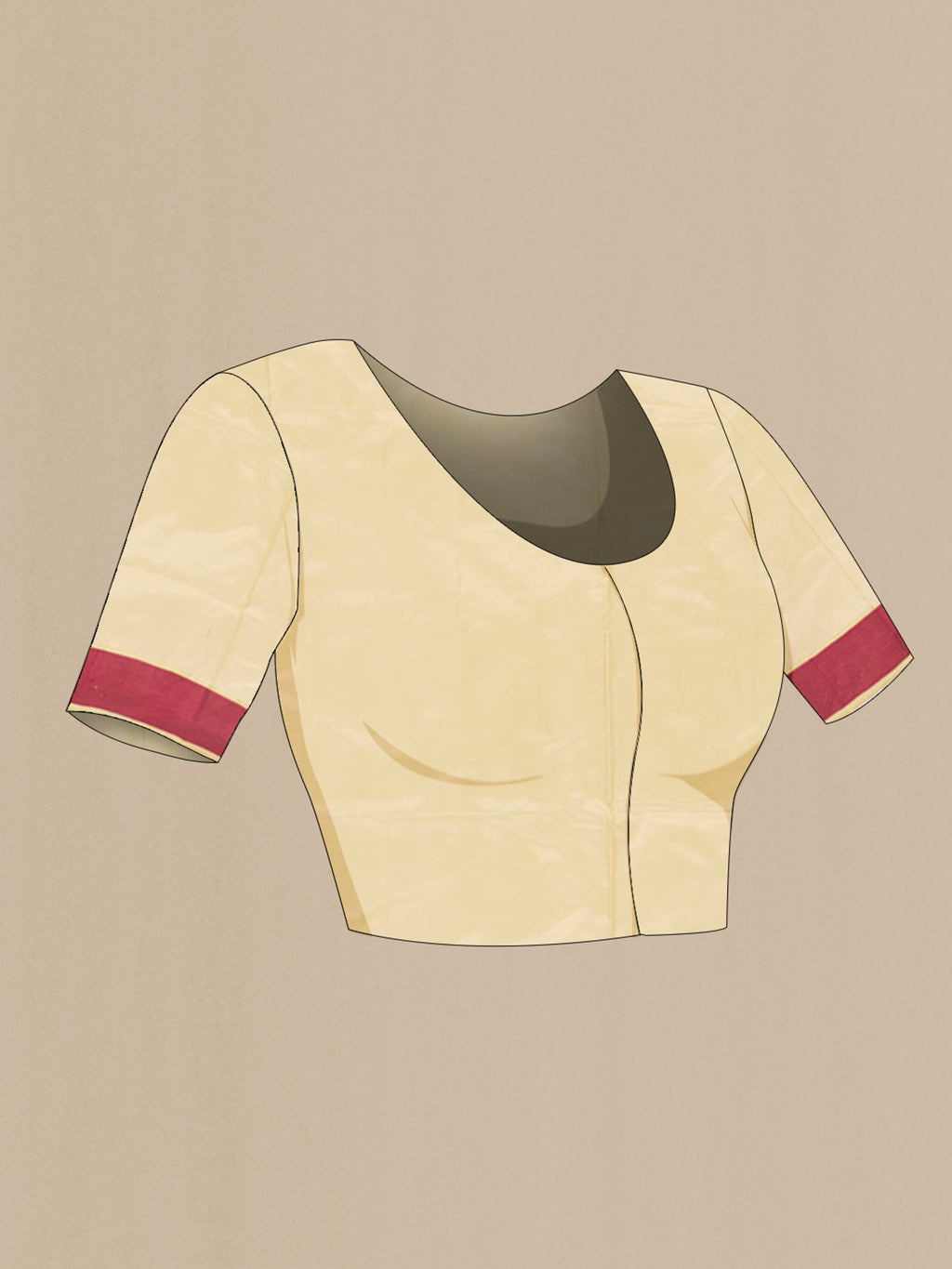 Close up image of the blouse of Pure Silk Sandal Soft Saree with Zari Butta on the body and Thread Border. 