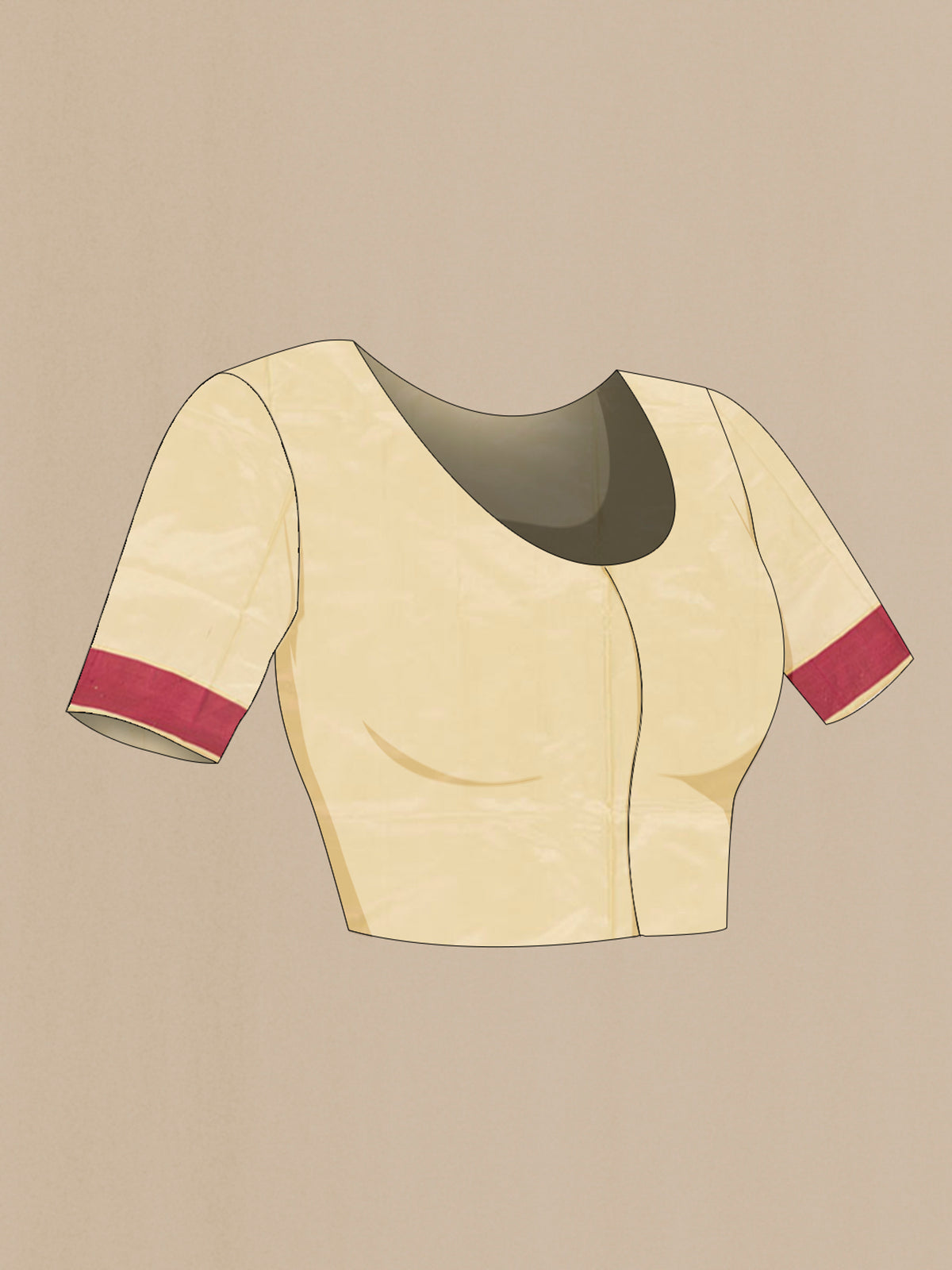 Close up image of the blouse of Pure Silk Sandal Soft Saree with Zari Butta on the body and Thread Border. 