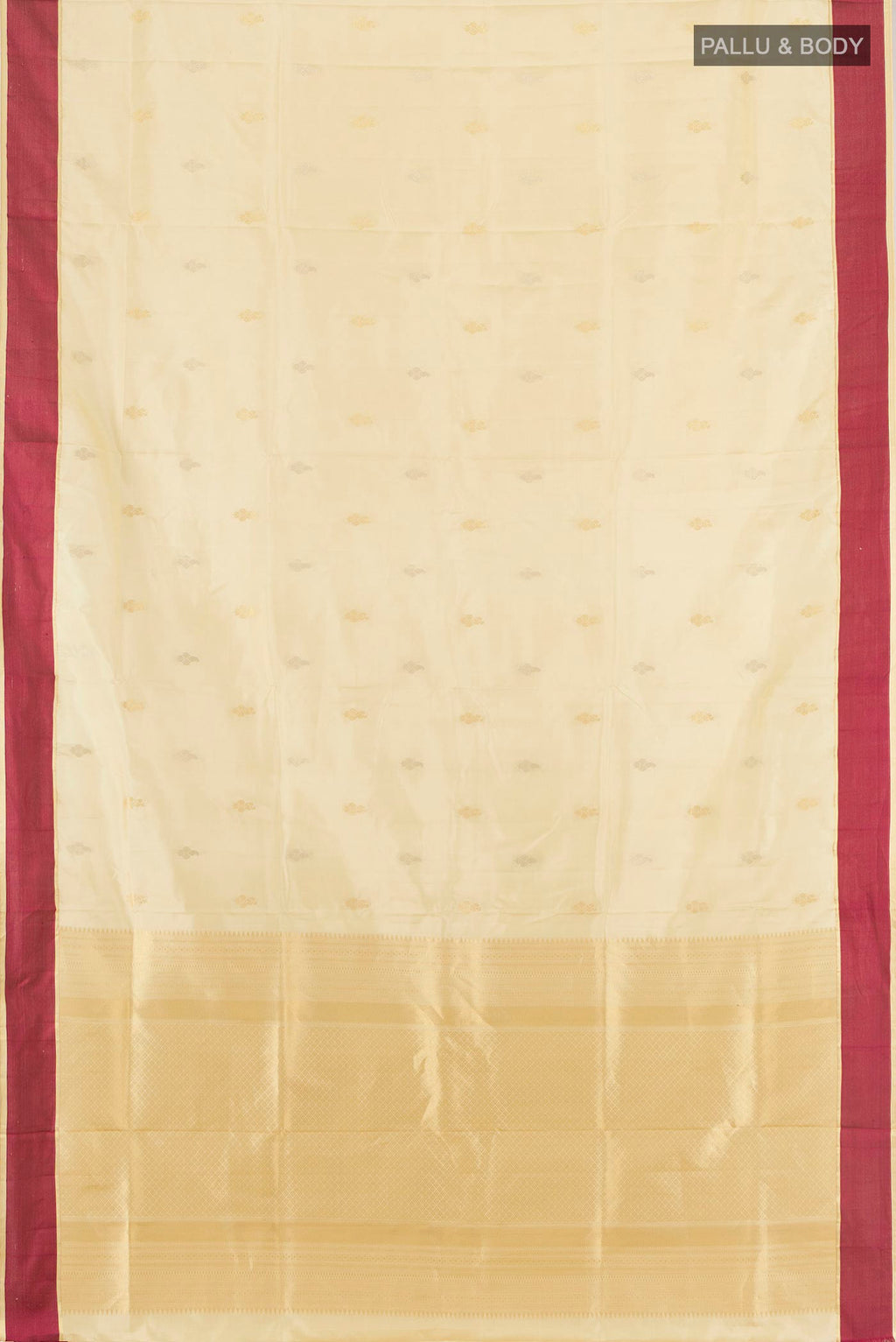 Flat view of Pure Silk Sandal Soft Saree with Zari Butta on the body and Thread Border. 