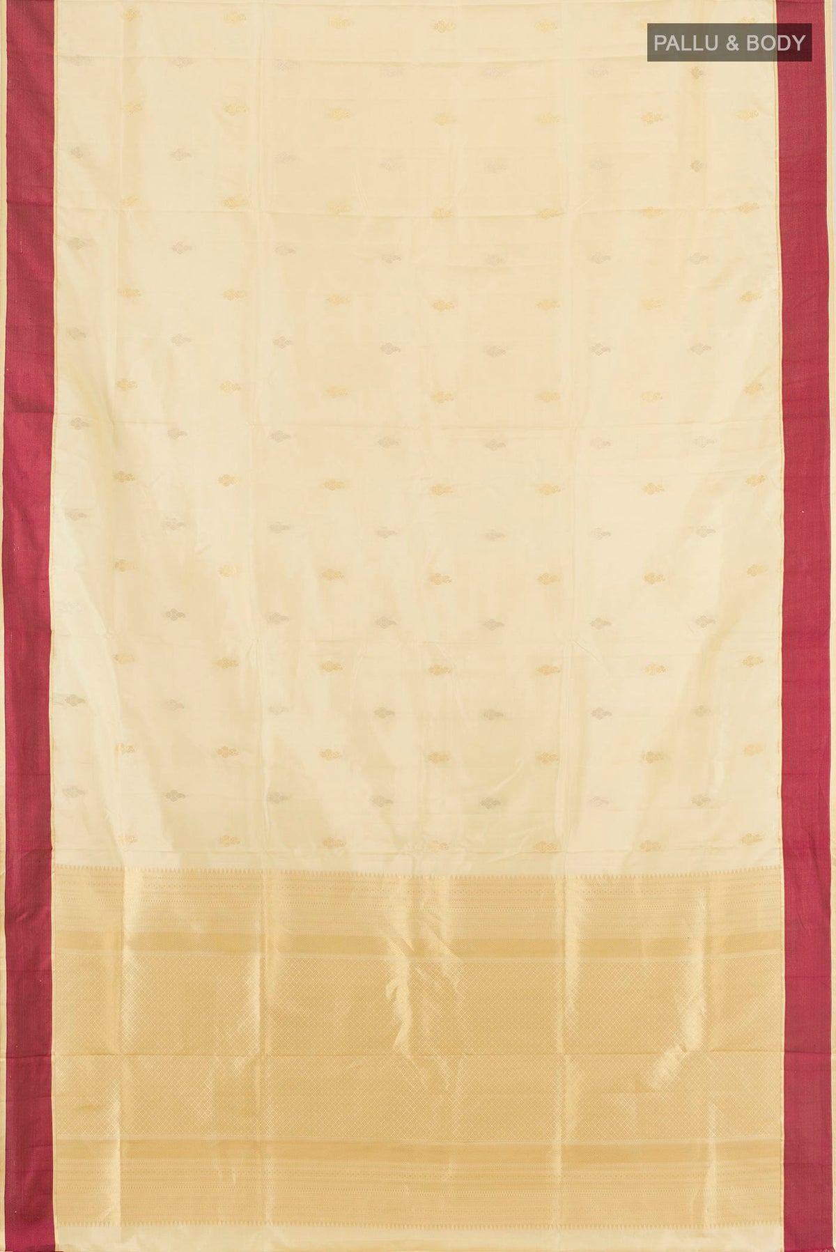 Flat view of Pure Silk Sandal Soft Saree with Zari Butta on the body and Thread Border. 