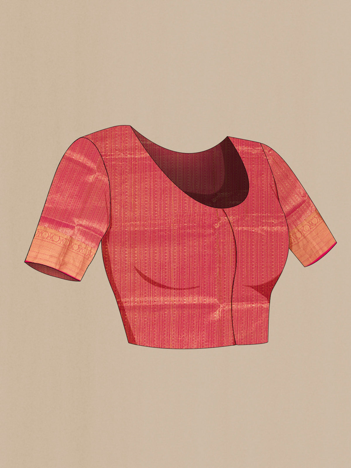 Close up image of the blouse of Pure Silk Dark Pink Soft Saree with Plain Body and Zari Border. 