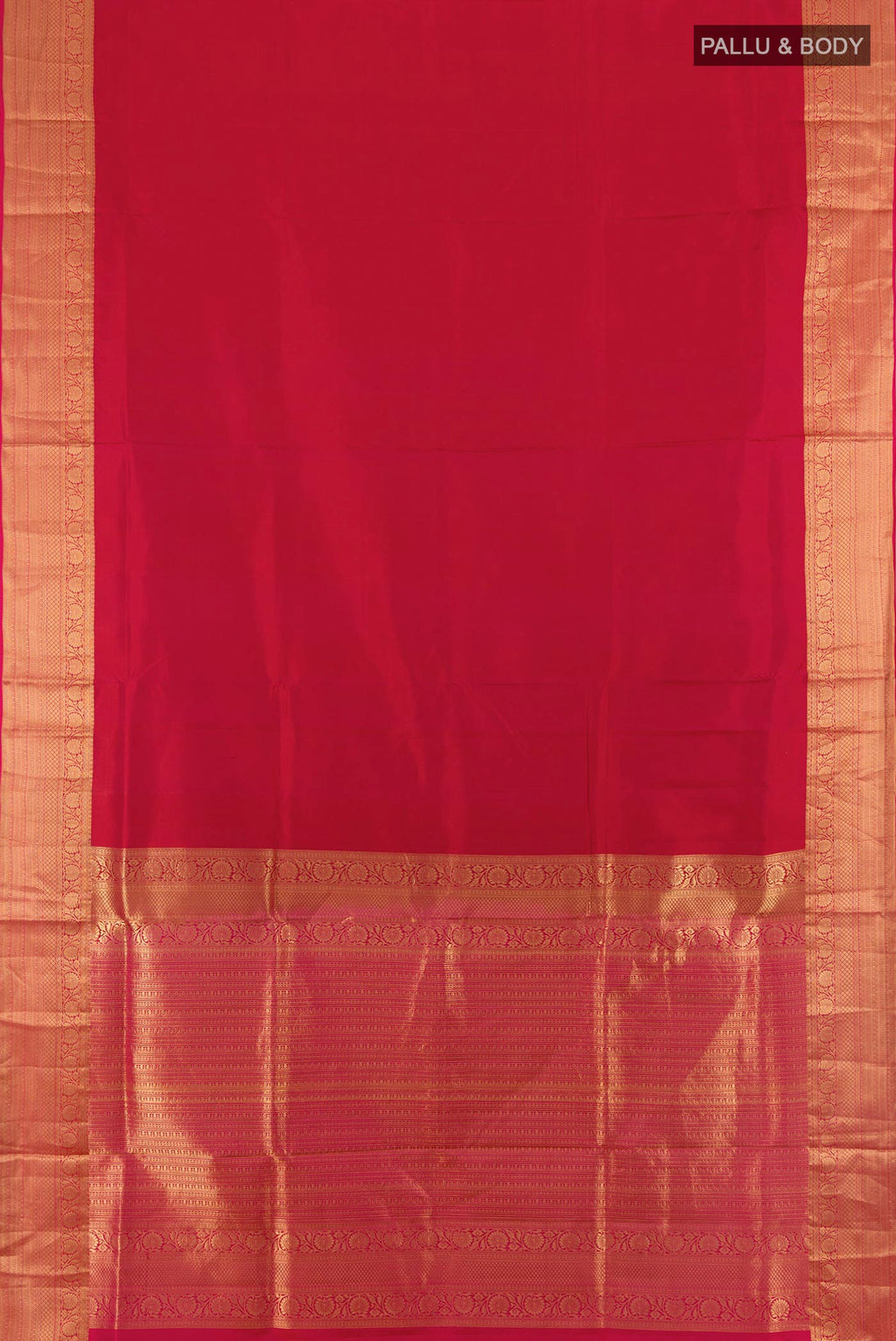 Flat view of Pure Silk Dark Pink Soft Saree with Plain Body and Zari Border. 