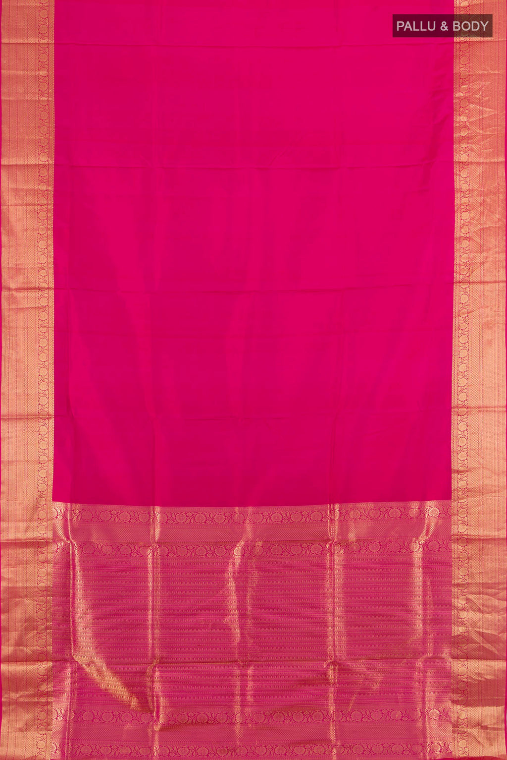 Flat view of Pure Silk Pink Soft Saree with Plain Body and Zari Border. 