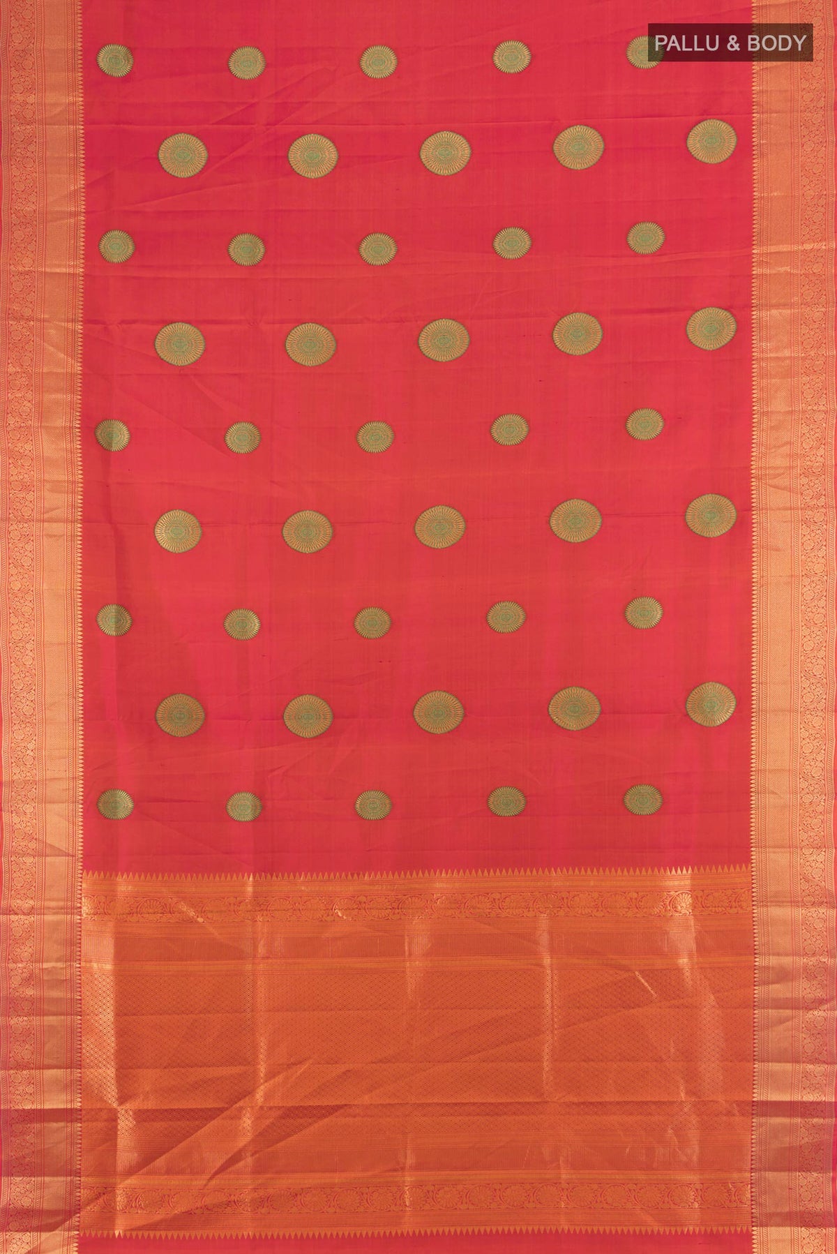Flat view of Pure Silk Orange Soft Saree with Zari And Thread Butta on the body and Zari Border. 