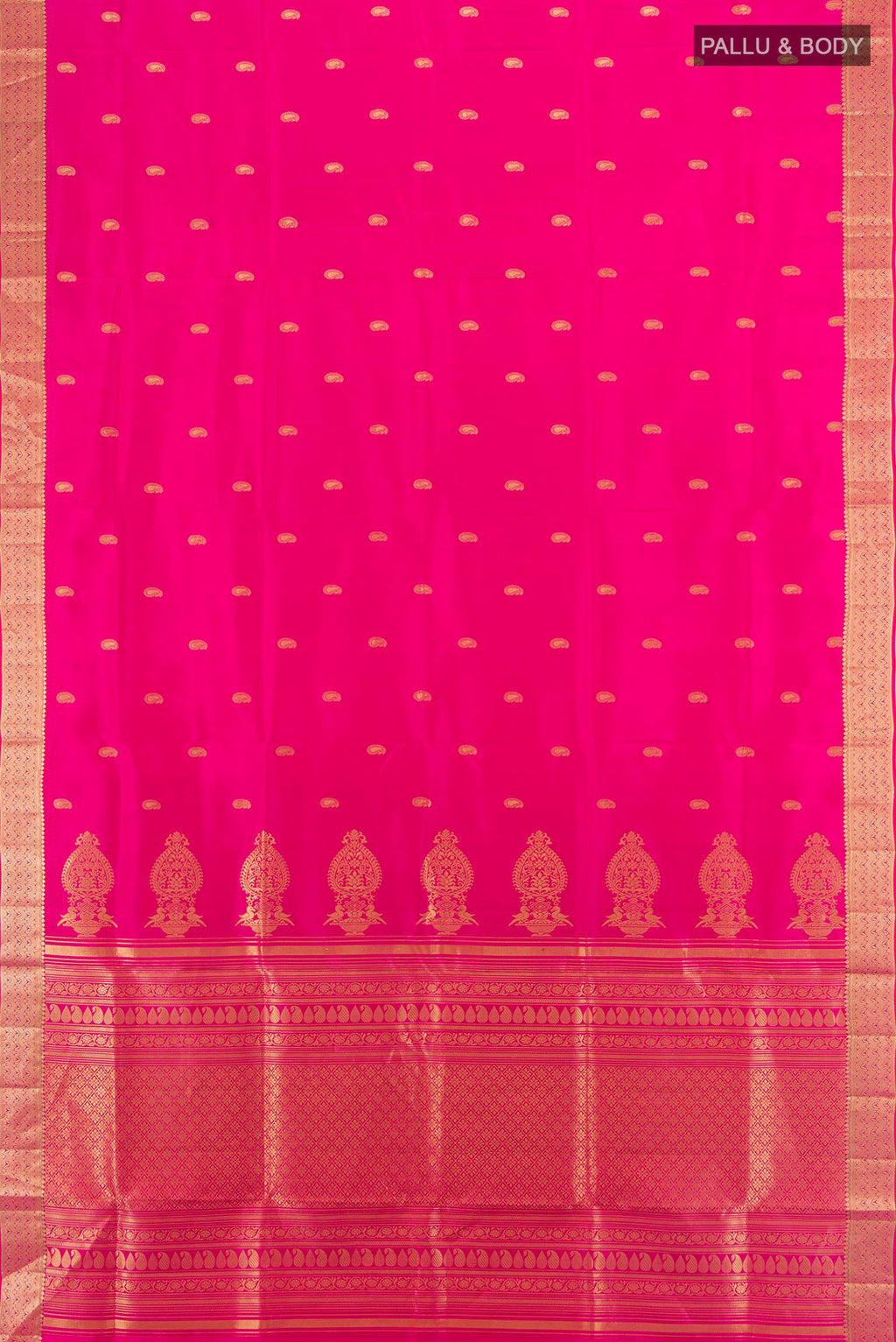 Flat view of Pure Silk Pink Soft Saree with Zari Butta on the body and Zari Border. 