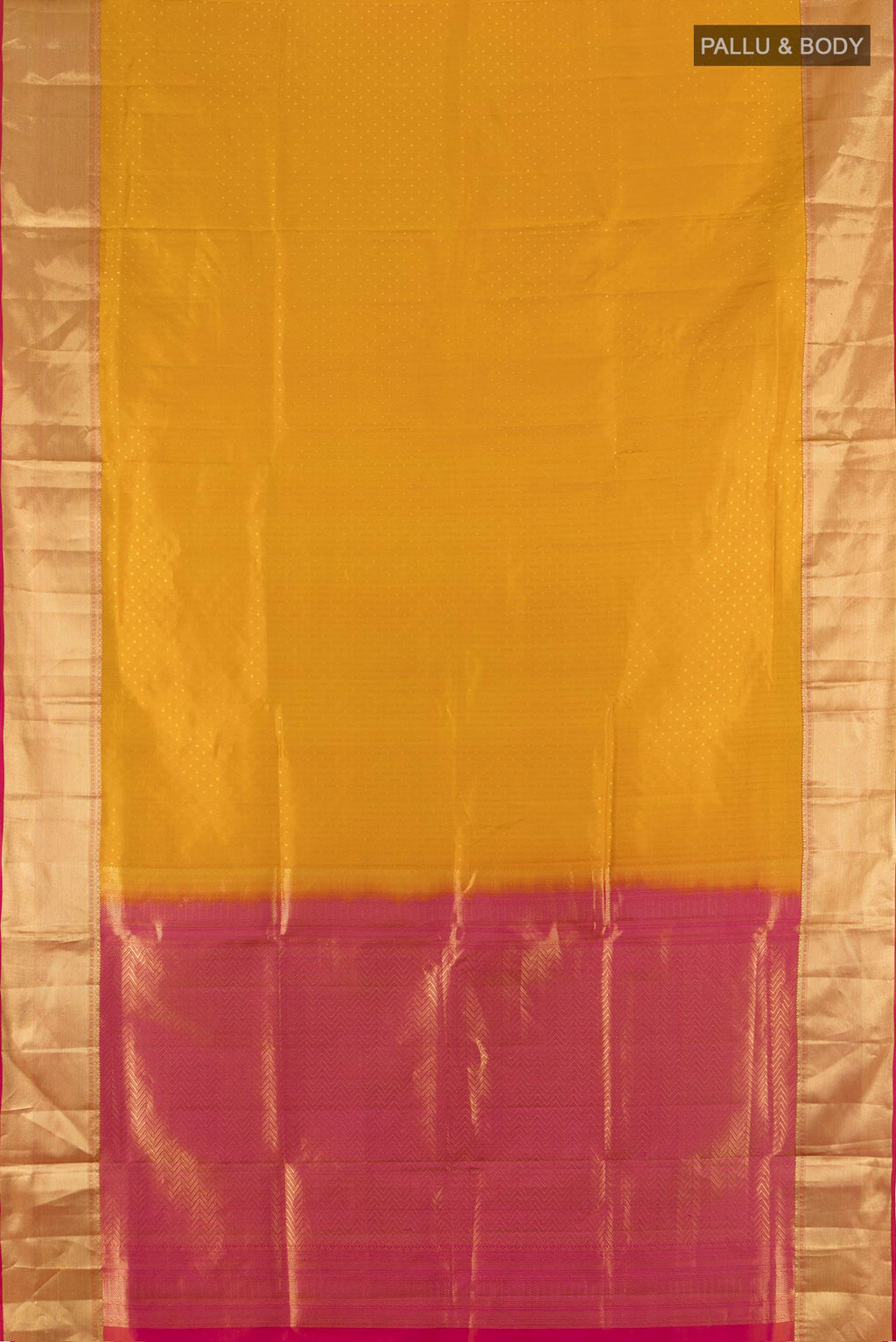 Flat view of Pure Silk Mustard Soft Saree with Jacquard design on the body and Zari Border. 