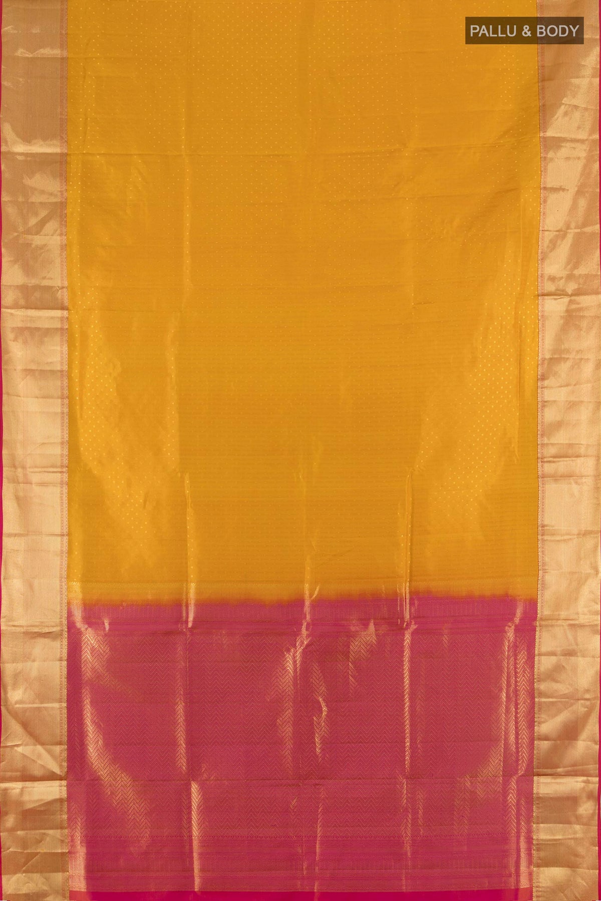 Flat view of Pure Silk Mustard Soft Saree with Jacquard design on the body and Zari Border. 