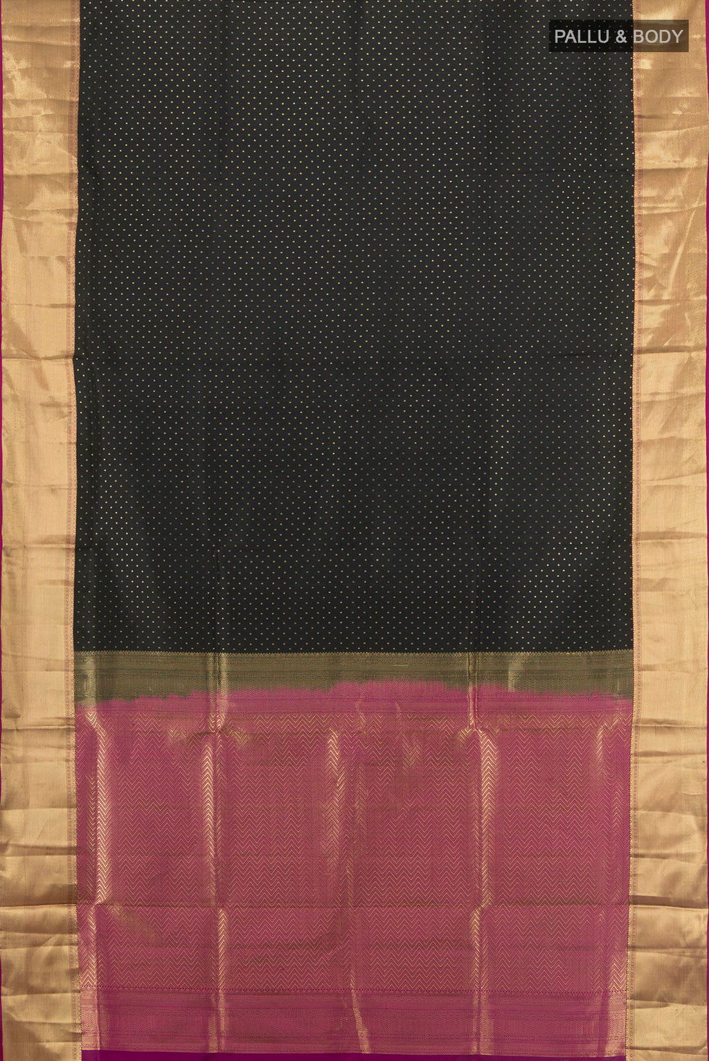 Flat view of Pure Silk Black Soft Saree with Zari Butta on the body and Silk Border. 