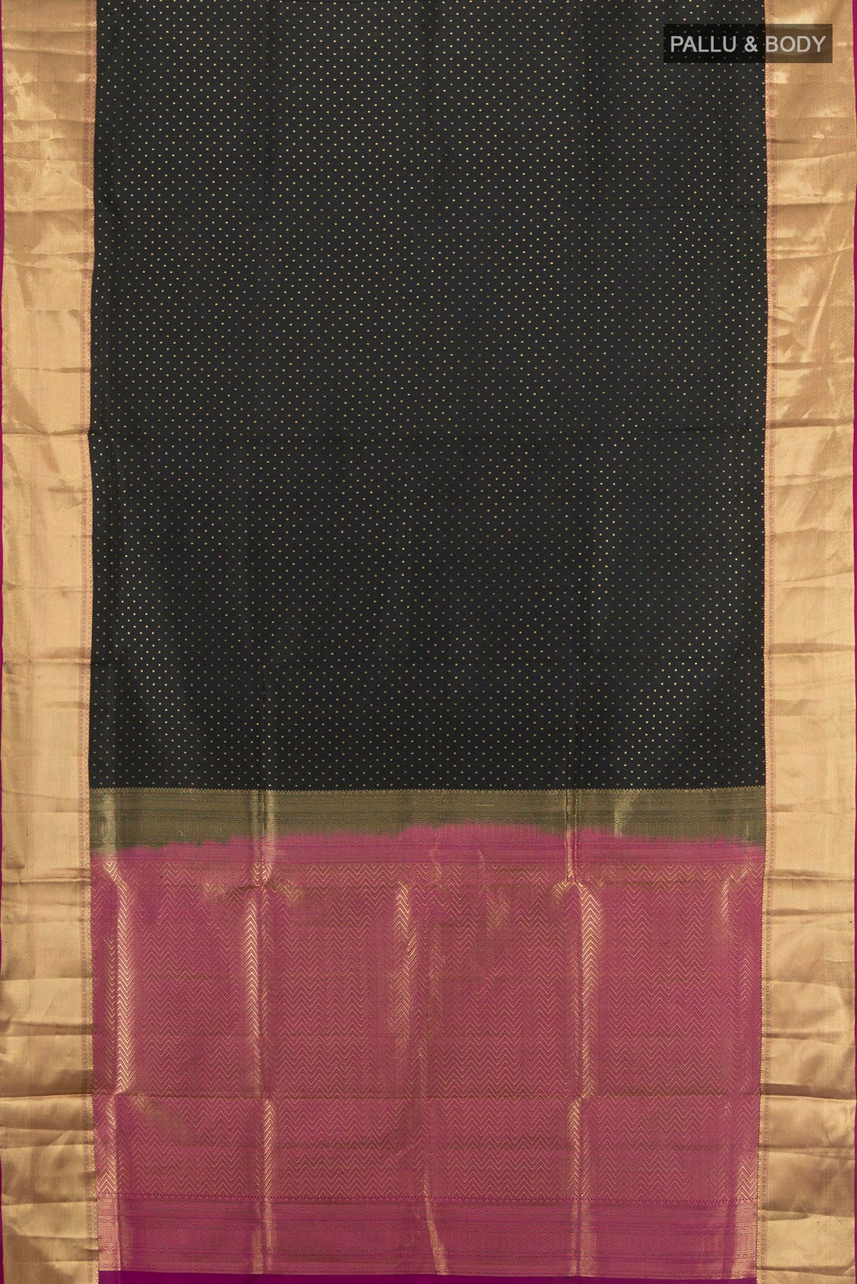 Flat view of Pure Silk Black Soft Saree with Zari Butta on the body and Silk Border. 