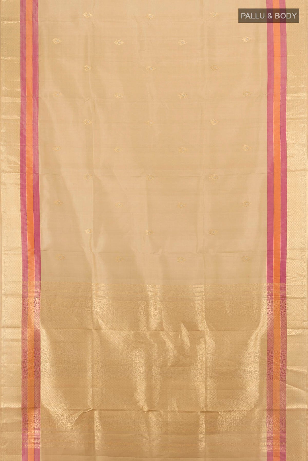 Flat view of Pure Silk Sandal Soft Saree with Zari Butta on the body and Zari Border. 