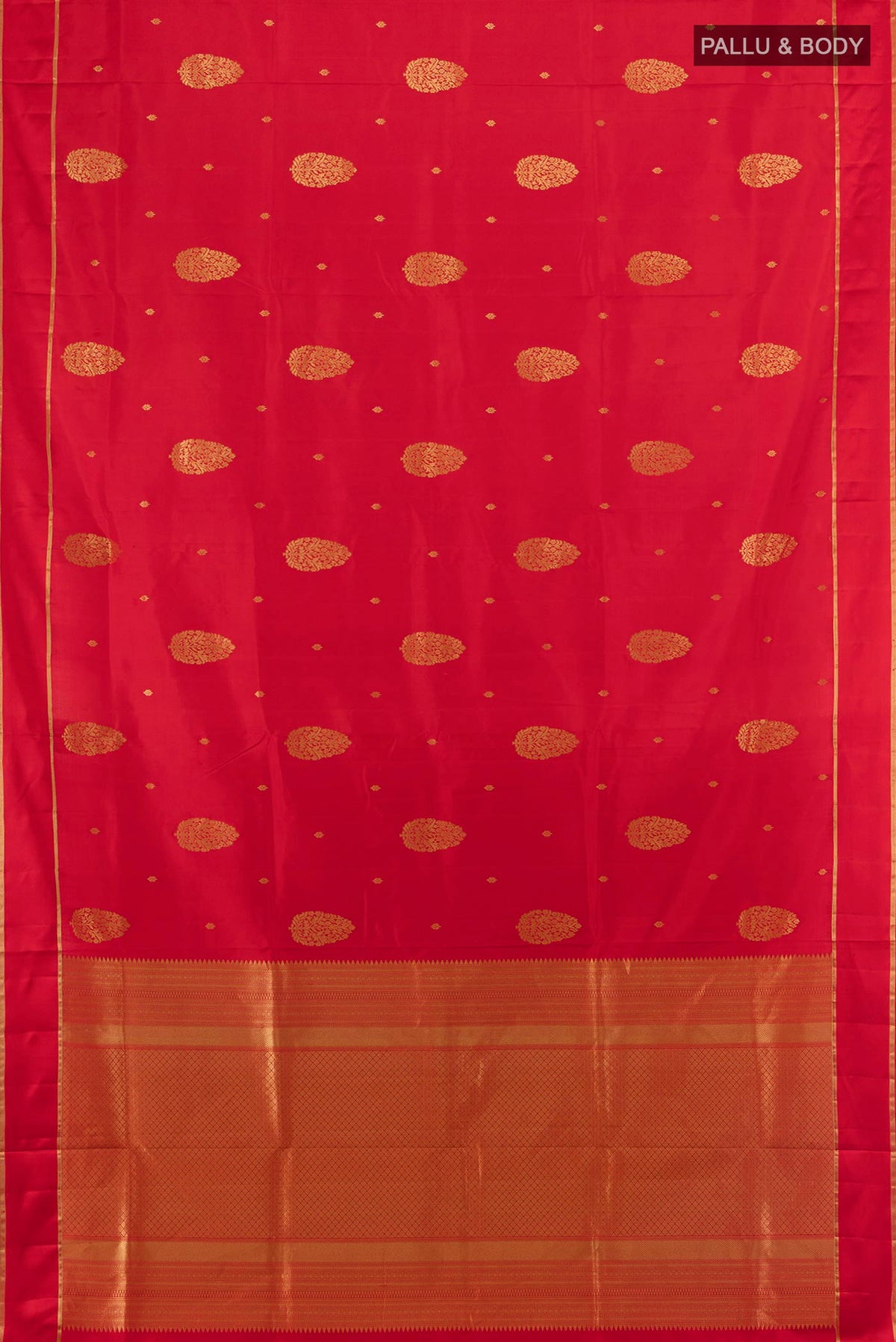 Flat view of Pure Silk Red Soft Saree with Zari Butta on the body and Plain Border. 