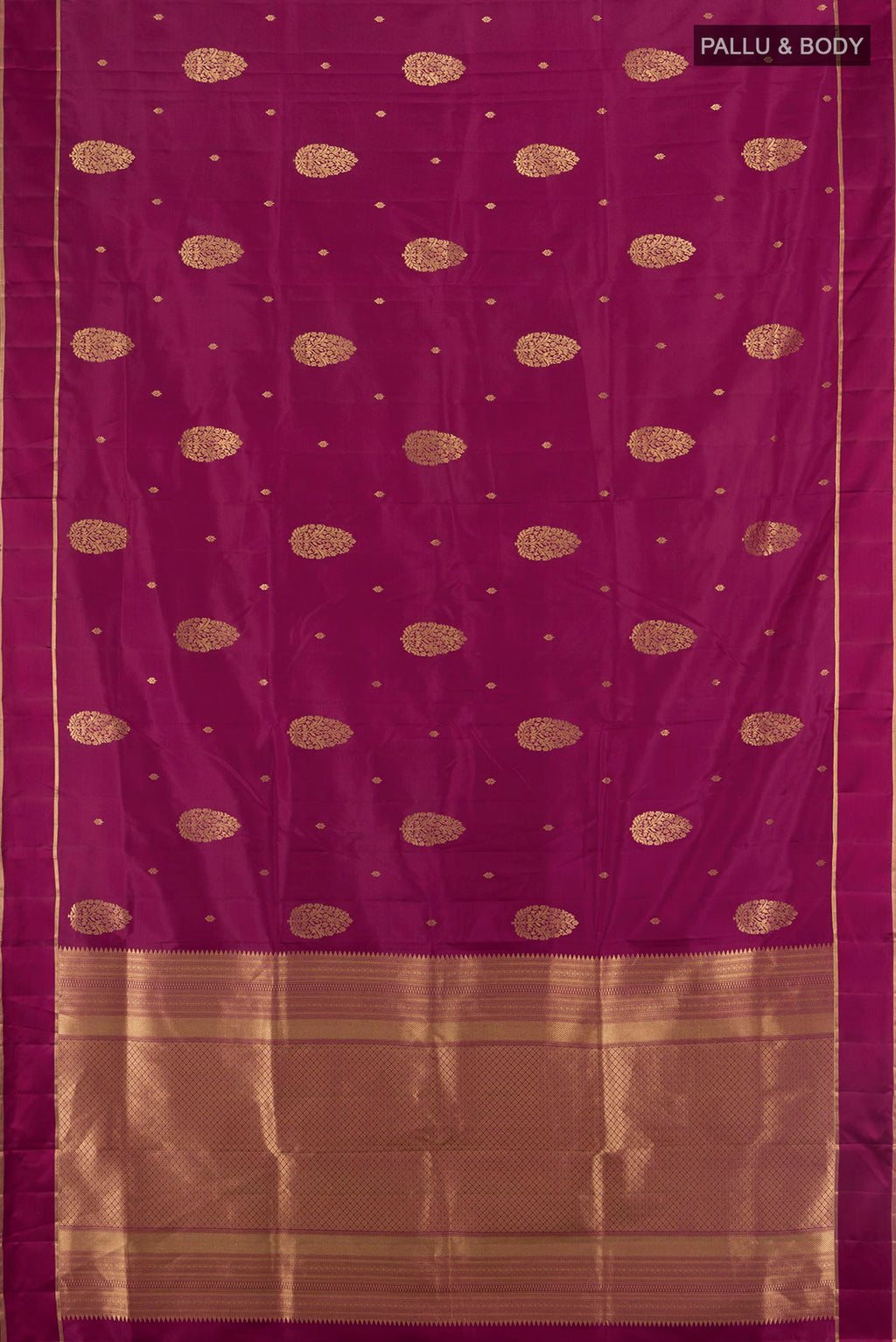 Flat view of Pure Silk Maroon Soft Saree with Zari Butta on the body and Plain Border. 