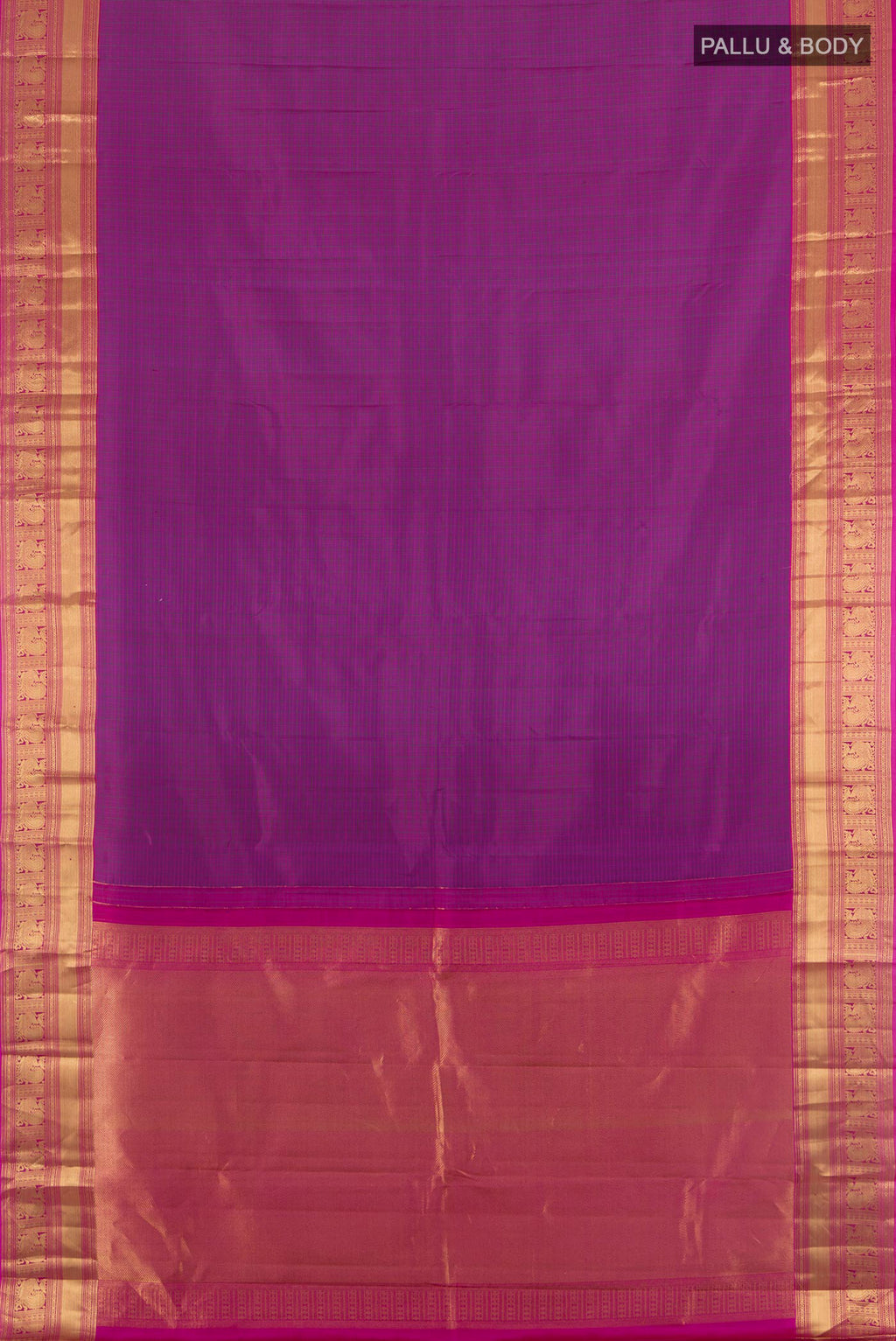 Flat view of Pure Silk Purple Kanchipuram Saree with Checked design on the body and Zari Border. 