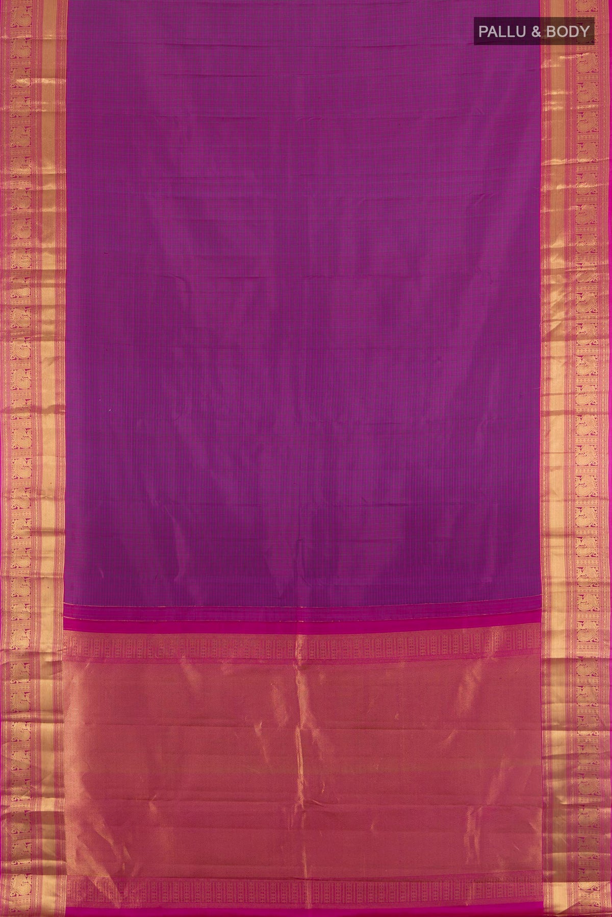 Flat view of Pure Silk Purple Kanchipuram Saree with Checked design on the body and Zari Border. 