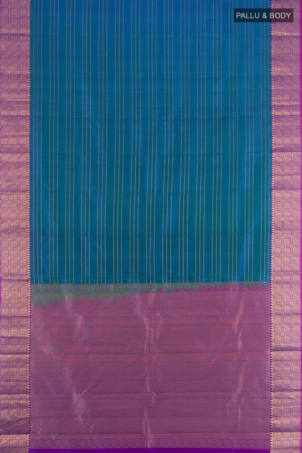 Flat view of Pure Silk Peacock Blue Kanchipuram Saree with Stripes on the body and Zari Border. 