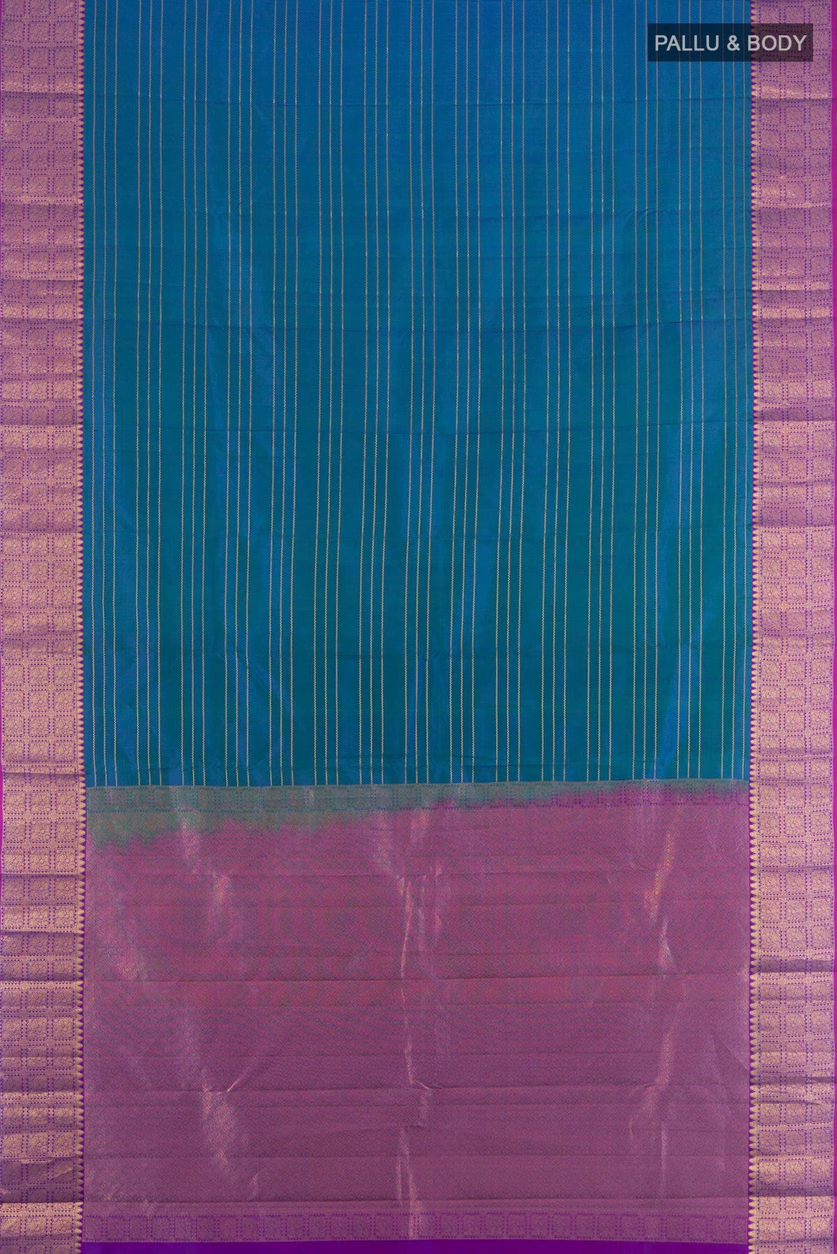 Flat view of Pure Silk Peacock Blue Kanchipuram Saree with Stripes on the body and Zari Border. 