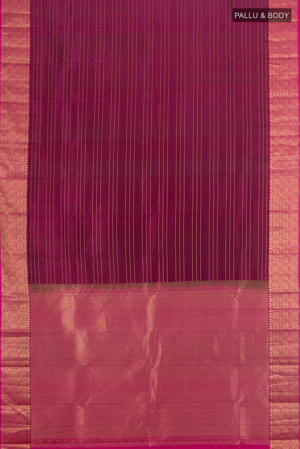 Flat view of Pure Silk Maroon Kanchipuram Saree with Zari Butta on the body and Zari Border. 