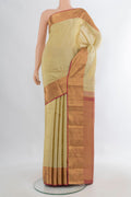 Pure Silk Sandal Kanjivaram Saree with Zari Butta on the body and Zari Border.  displayed on a mannequin