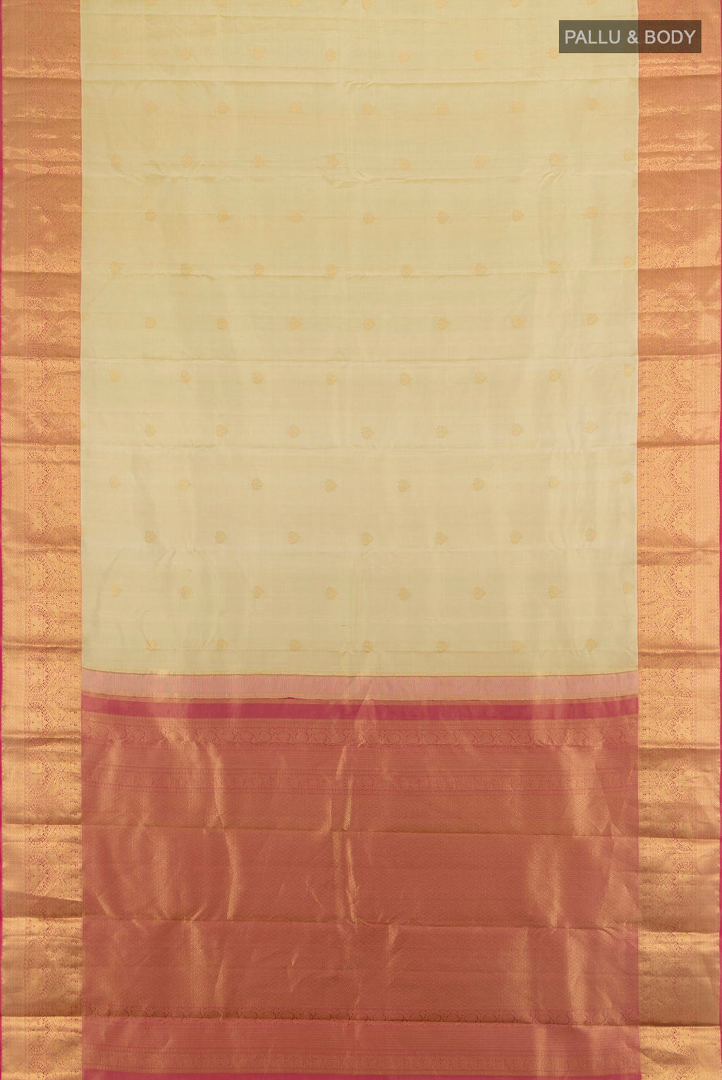 Flat view of Pure Silk Sandal Kanjivaram Saree with Zari Butta on the body and Zari Border. 