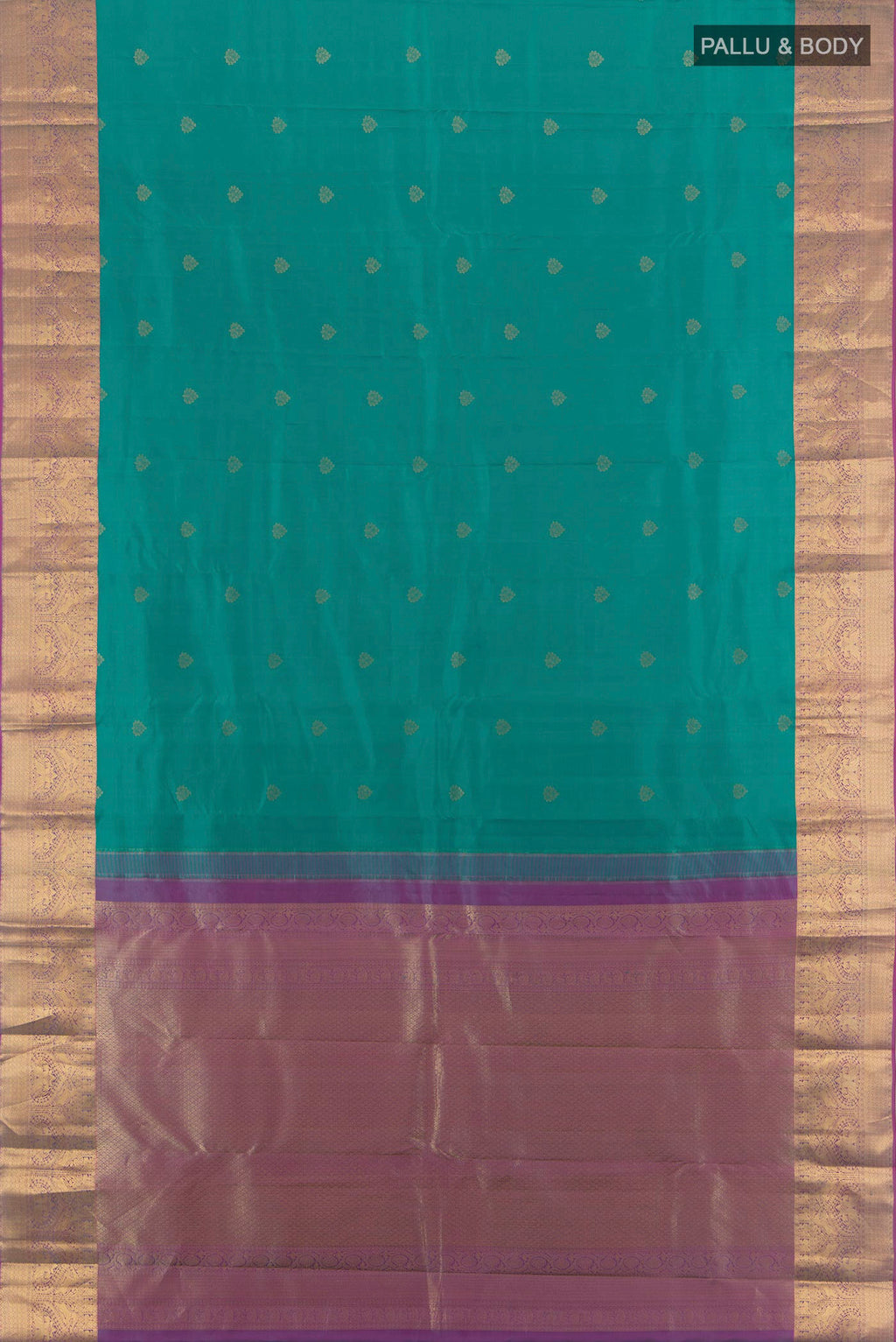Flat view of Pure Silk Green Kanjivaram Saree with Zari Butta on the body and Zari Border. 