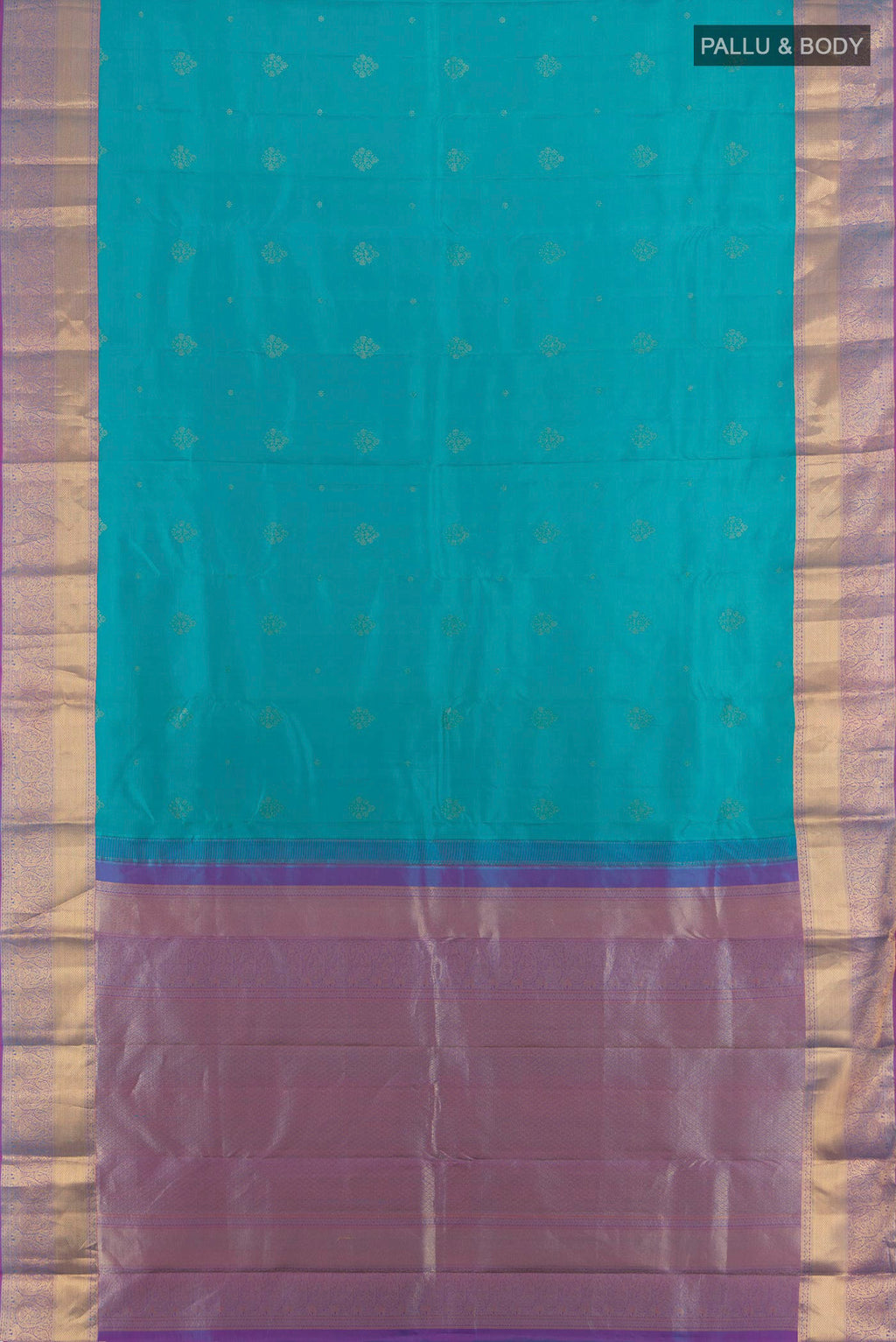 Flat view of Pure Silk Turquoise Kanjivaram Saree with Zari Butta on the body and Zari Border. 