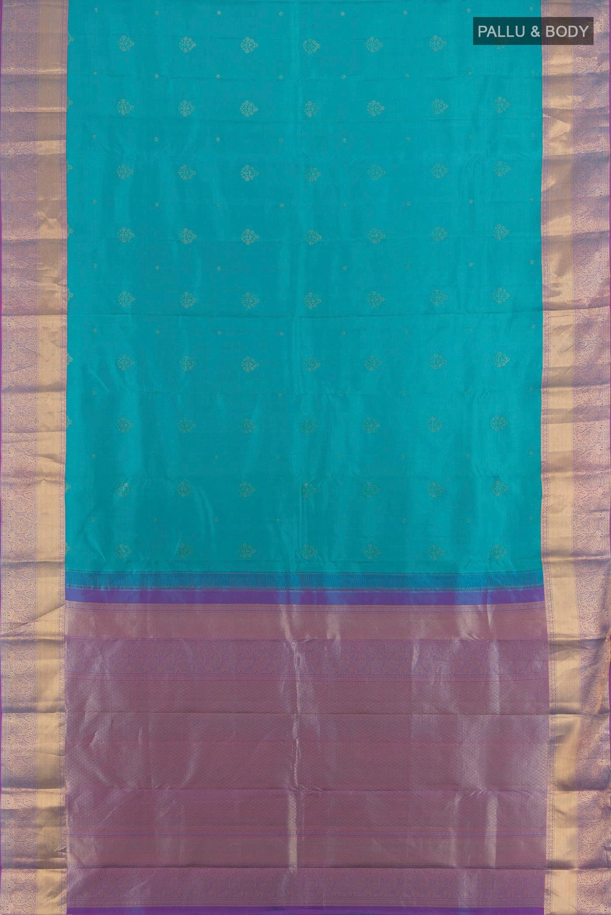 Flat view of Pure Silk Turquoise Kanjivaram Saree with Zari Butta on the body and Zari Border. 