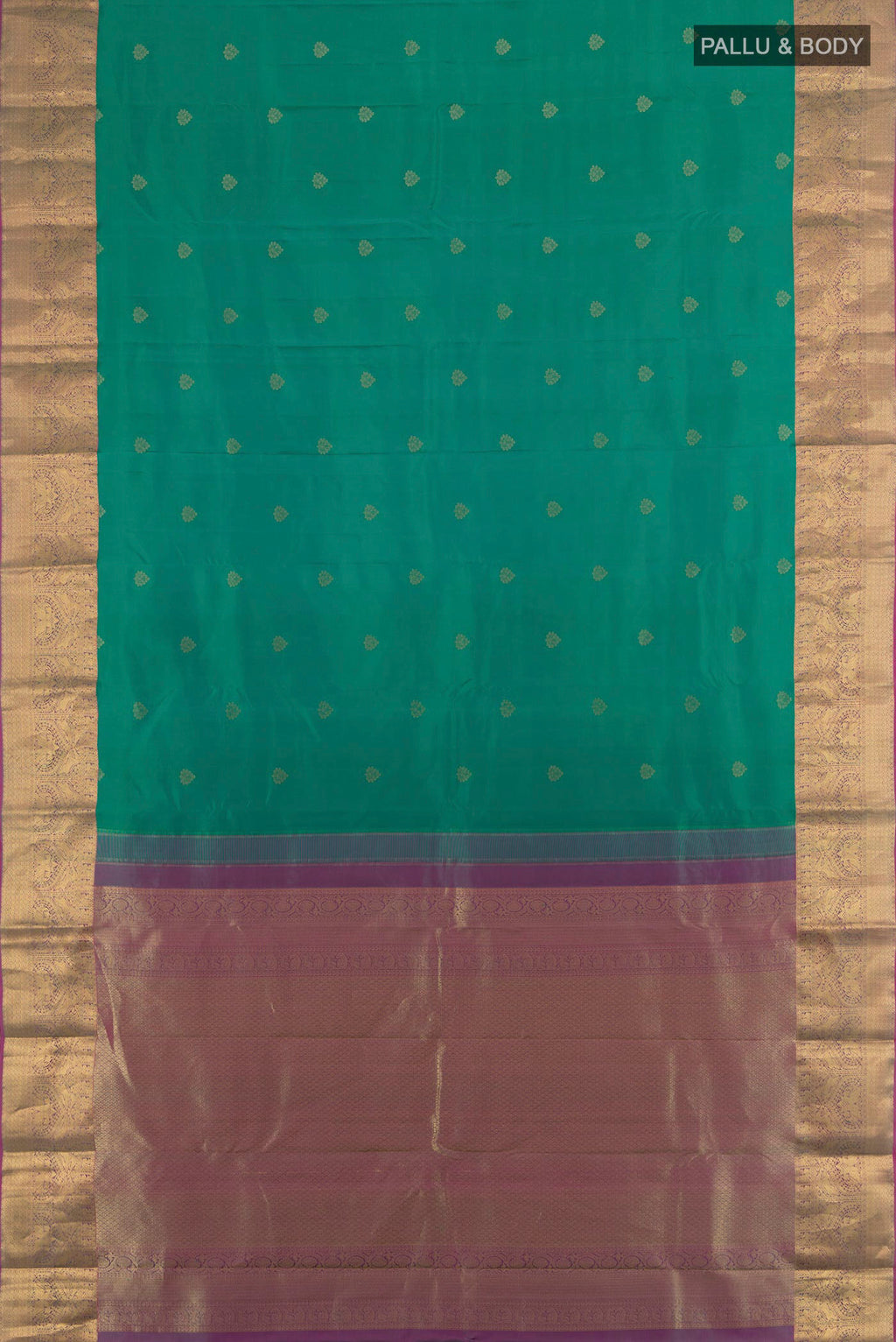 Flat view of Pure Silk Sea Green Kanjivaram Saree with Zari Butta on the body and Zari Border. 